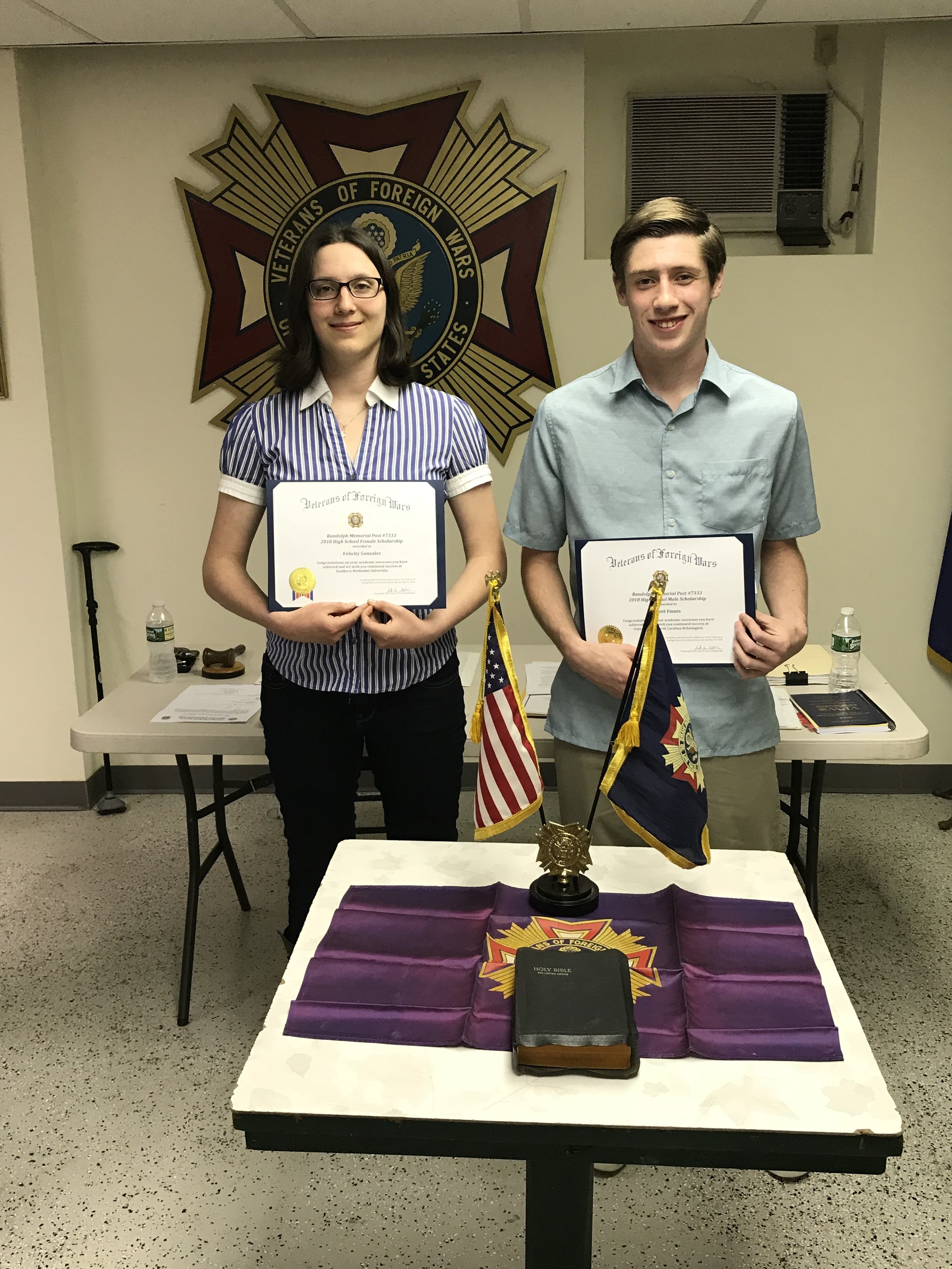  Randolph Memorial Post #7333 Veterans of Foreign Wars presented their 2018 scholarship awards to Felicity Gonzalez and Scott Finnis. 