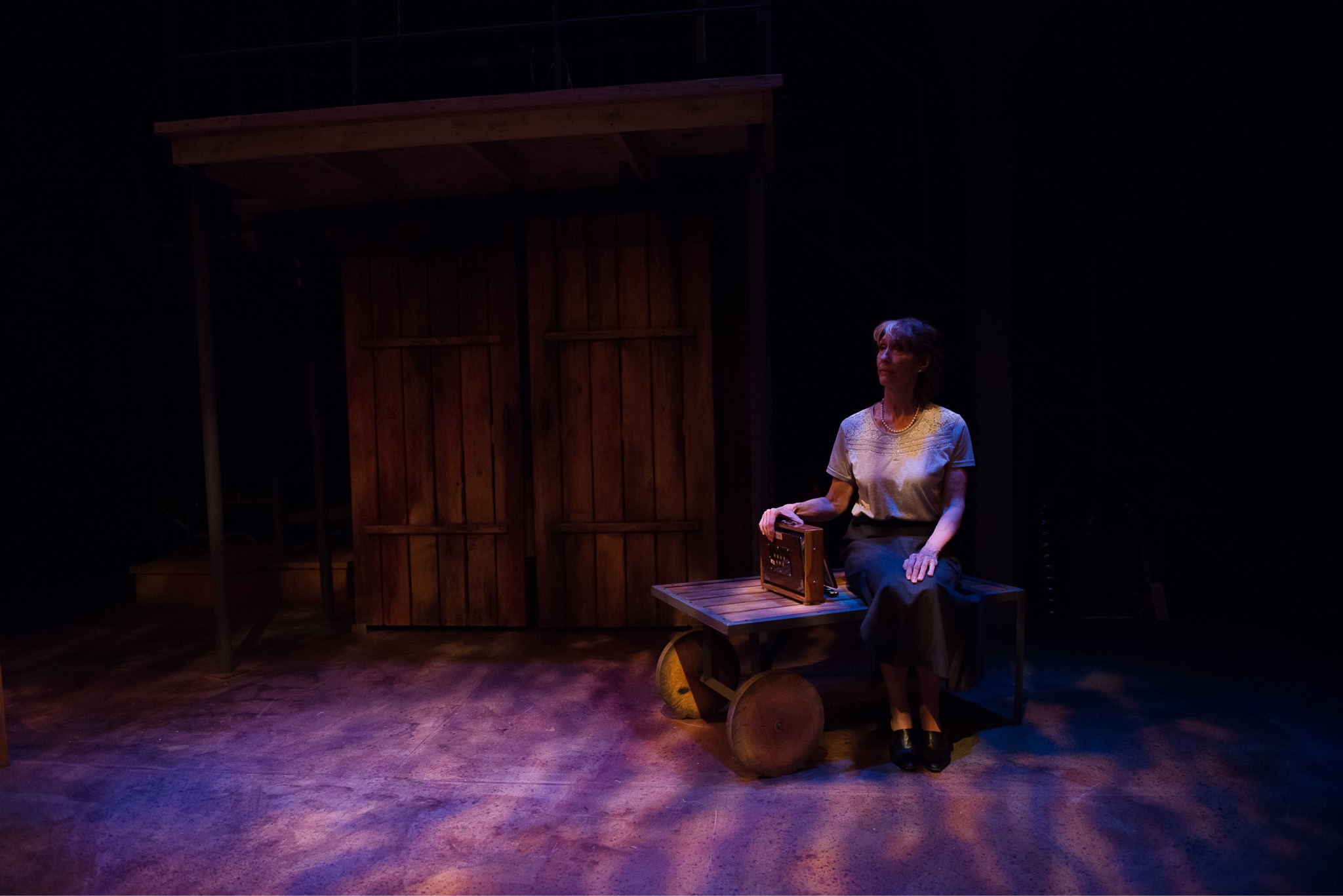 The Storyteller looks on in The Miraculous Journey of Edward Tulane at Stages Theater. Pictured: Jennifer Kirkeby. Photo Credit: Megan Engeseth Photography. Conventional Tungsten for highlight with LEDs for color. Lighting Design: Wu Chen Khoo.
