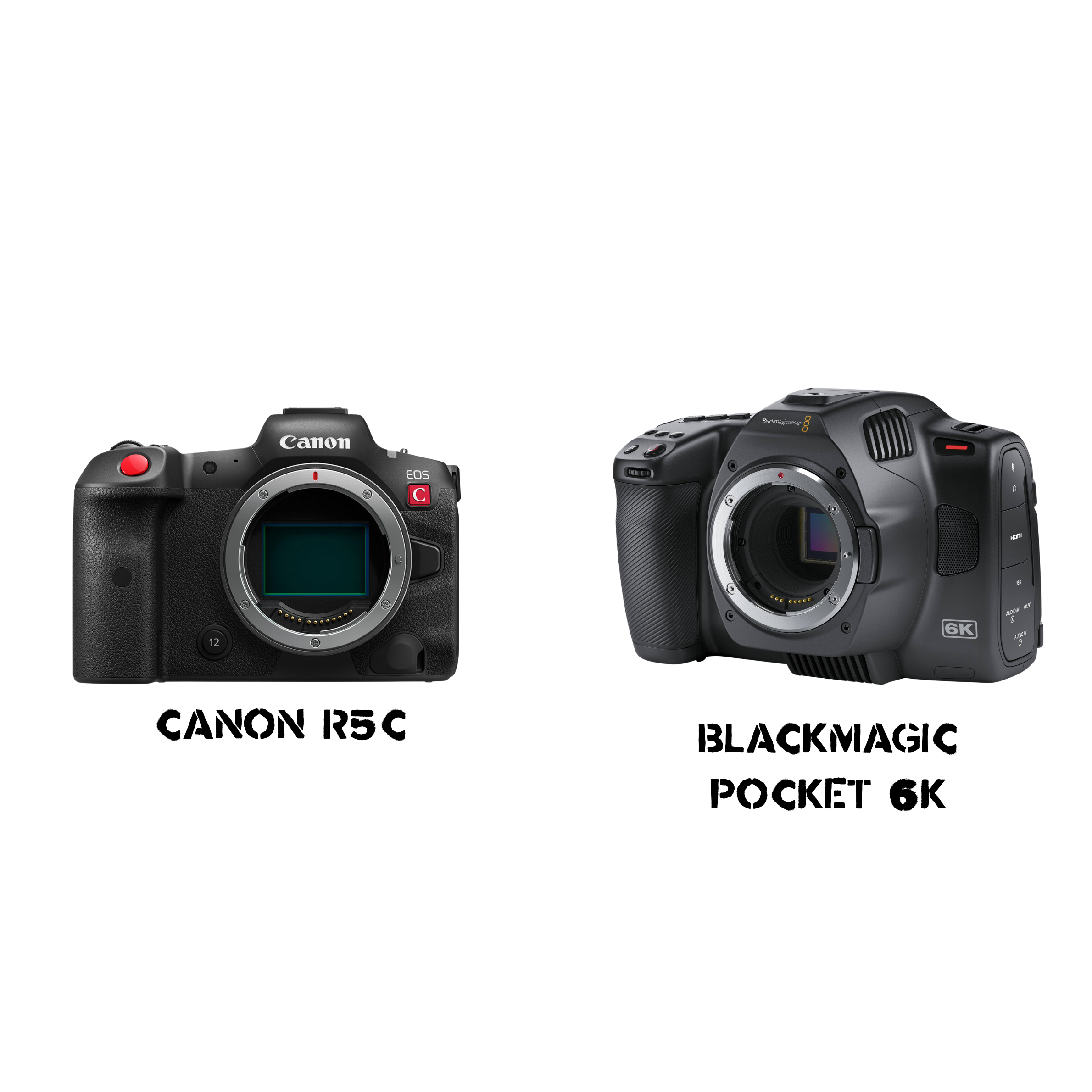 canon r5c mirrorless camera body and blackmagic pocket cinema 6k camera body