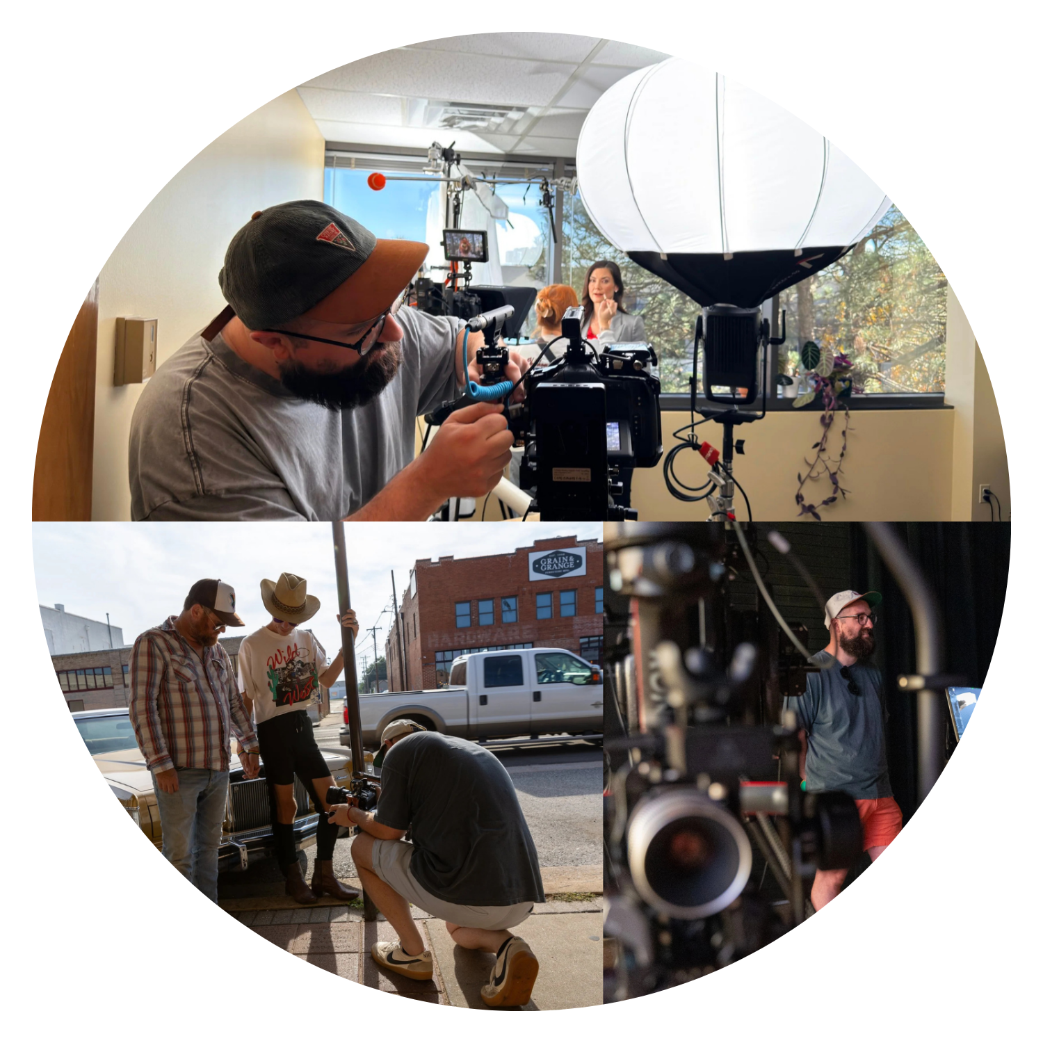 Behind-the-scenes photos of Zach Lucero filming on set in various locations, showcasing commercial and documentary video production work.