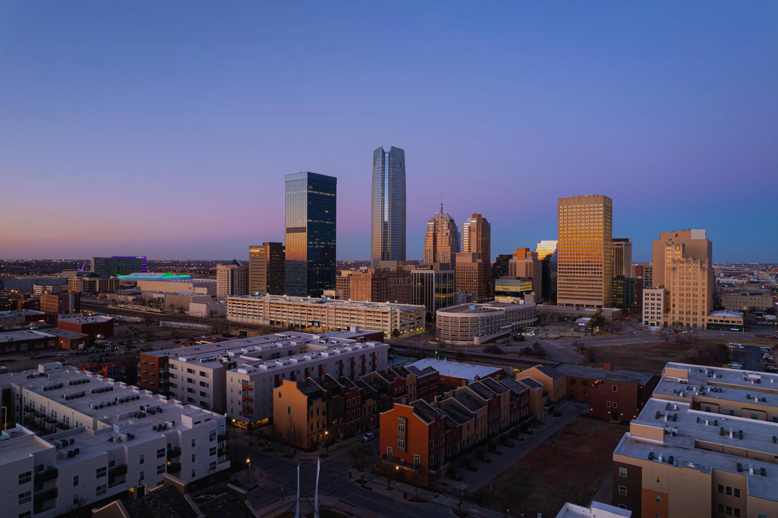  Award-Nominated Drone Photograph: Downtown Oklahoma City at Dawn with Pink and Purple Sky, Featuring Devon Tower - 2023 Thunderbird Drone Festival 