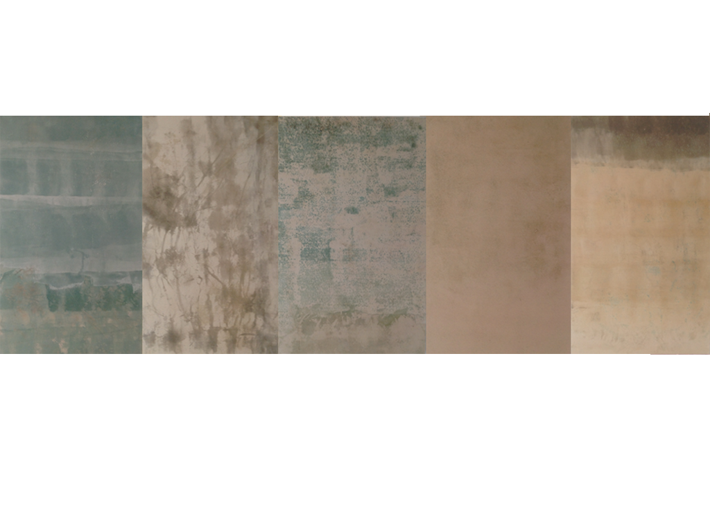  Title:  Transhumanism Roundtable  Date: 2013 Materials: Semi-gloss latex paint, paint chips, universal pigments, Portland cement, Super 77 on canvas Dimensions: 180 in x 64 in (36 in x 64 in x 5 panels)  Dennis Hoekstra 