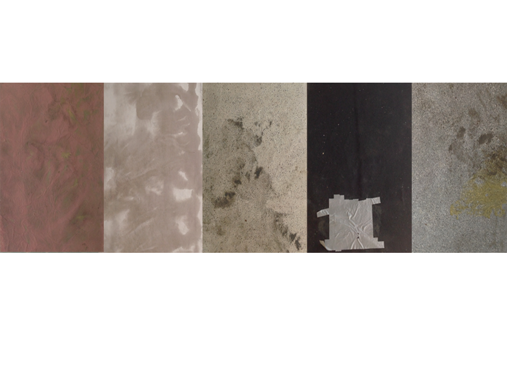  Title:  The Universal Chem/Radiation/Oil Pre-filter  Date: 2013 Materials: Semi-gloss latex paint, paint chips, universal pigments, wood glue, duct tape, Portland cement, Super 77 on canvas Dimensions: 180 in x 64 in (36 in x 64 in x 5 panels)  Denn