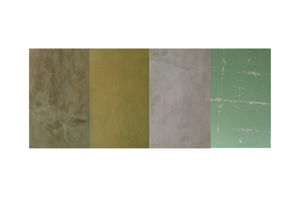  Title:  The Science of BioGeometry  Date: 2013 Materials: Semi-gloss latex paint, universal pigments, Portland cement, Super 77 on canvas Dimensions: 144 in x 64 in (36 in x 64 in x 4 panels)  Dennis Hoekstra 