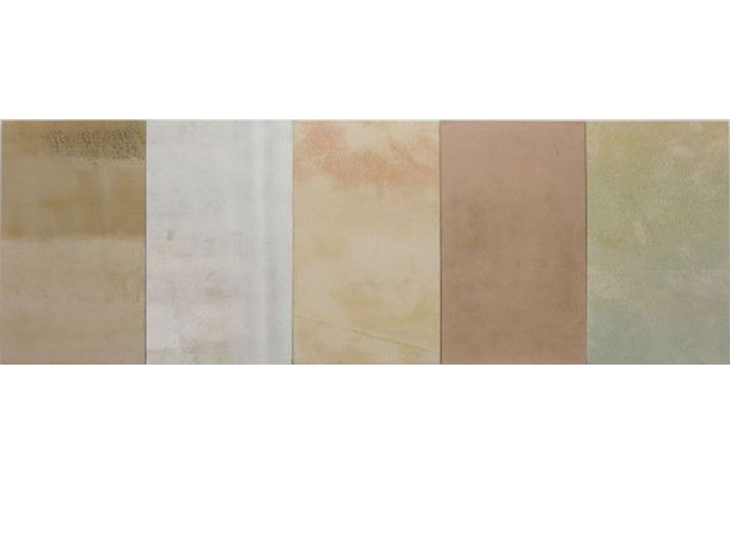  Title:  CARAVAN TO MIDNIGHT  Date: 2014 Materials: Semi-gloss latex paint, paint chips, universal pigments, Portland cement, Super 77 on canvas Dimensions: 180 in x 64 in (36 in x 64 in x 5 panels)  Dennis Hoekstra 