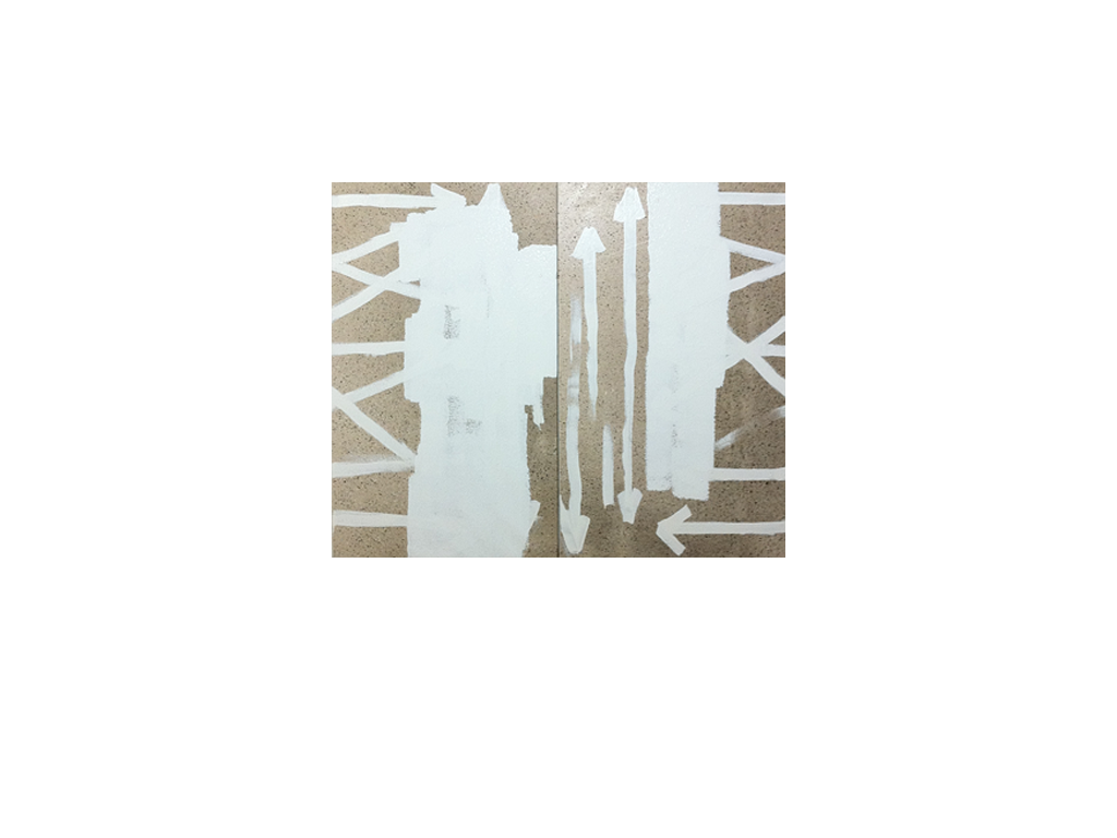  Title:  PRISM DATAFLOW  Date: 2014 Materials: Semi-gloss latex paint, flat latex paint, paint chips, universal pigments on canvas Dimensions: 72 in x 64 in (36 in x 64 in x 2 panels)  Dennis Hoekstra 