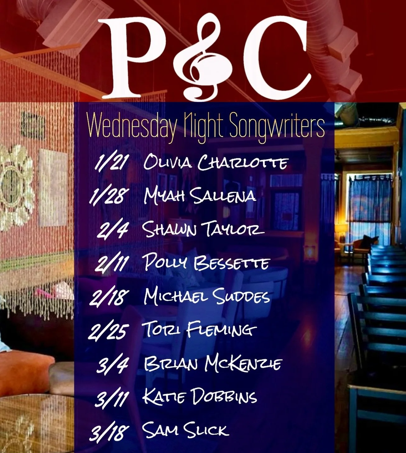 Upcoming shows! Wednesday Night Songwriters series continues with a full lineup!

1/21 - Olivia Charlotte | @oliviacharlottemusic 
1/28 - Myah Sallena | @myahsallena 
2/4 - Shawn Taylor | @shawntaylortunes 
2/11 - Polly Bessette | @pollybessette 
2/1