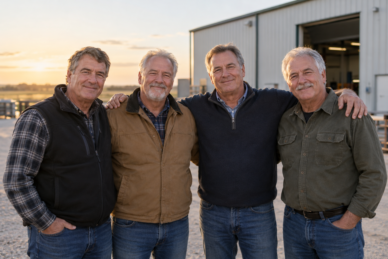 Illustrative image of four fictional retirement-age brothers standing arm in arm outside a small manufacturing shop; they are not the sellers.