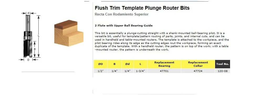 Flush trim Recta Con Rodamiento Superior D 1/2", B 1/4"