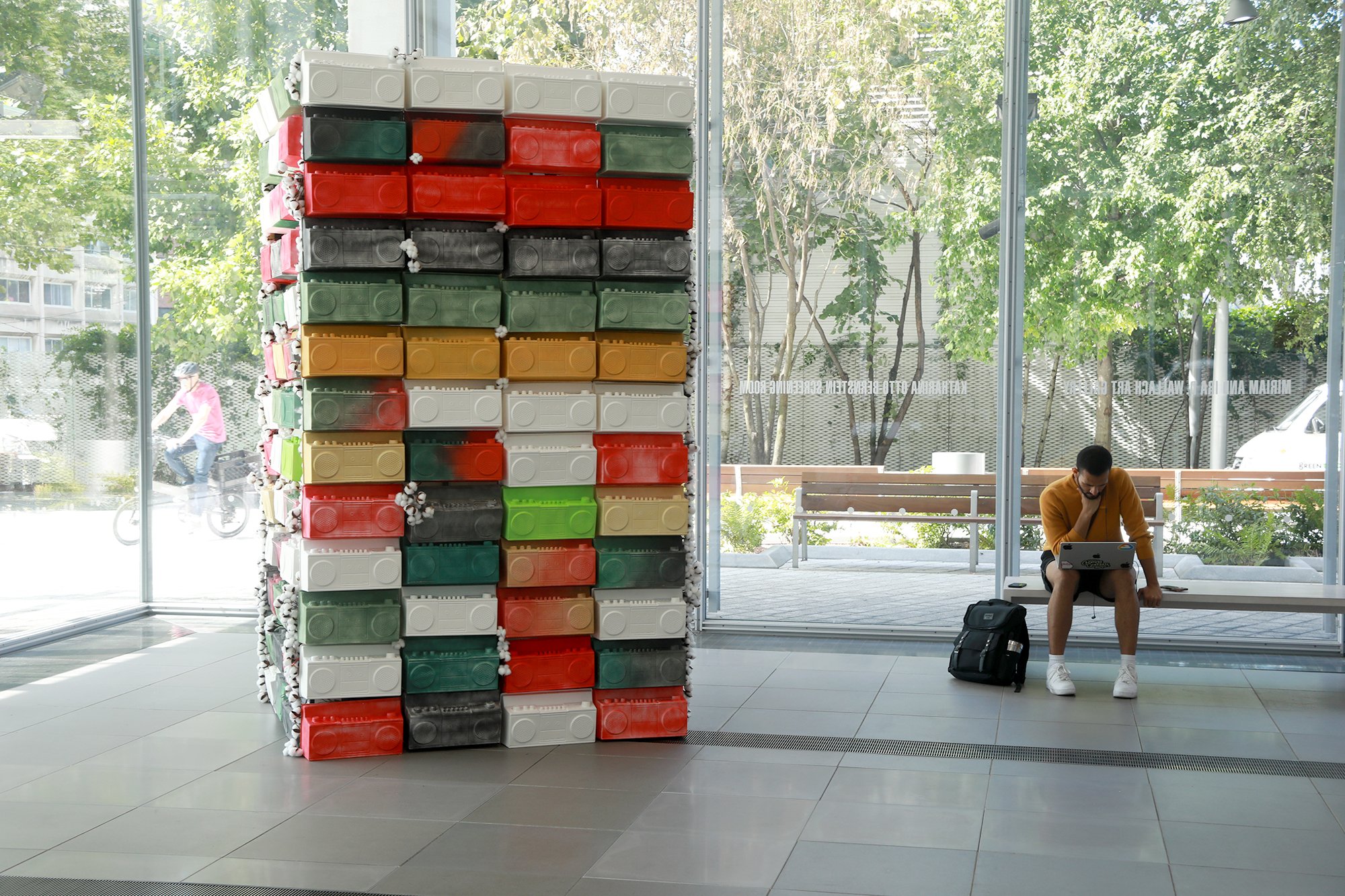Sugarcane and Cotton Boombox Sculpture Installation in the Lobby of the Lenfest Center for the Arts at Columbia University