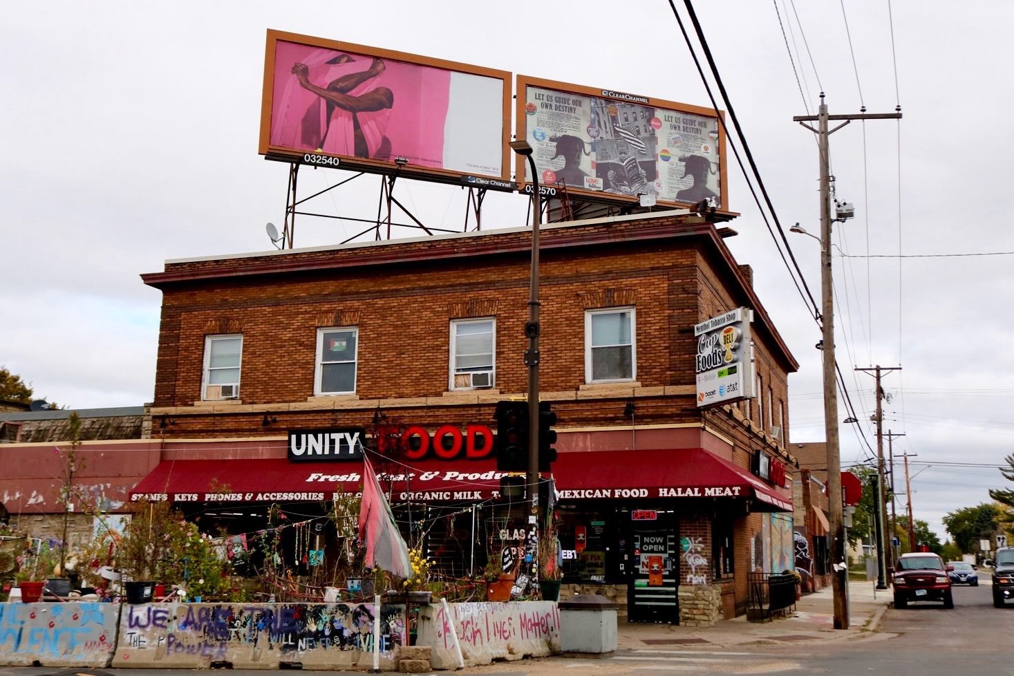 "Let Us Guide Our Own Destiny" and "The End Of Safety", Northeast Sculpture Social Justice Billboards installed in Minneapolis, Minnesota, Adama Delphine Fawundu & Dr. Fahamu Pecou, curated by Bayeté 