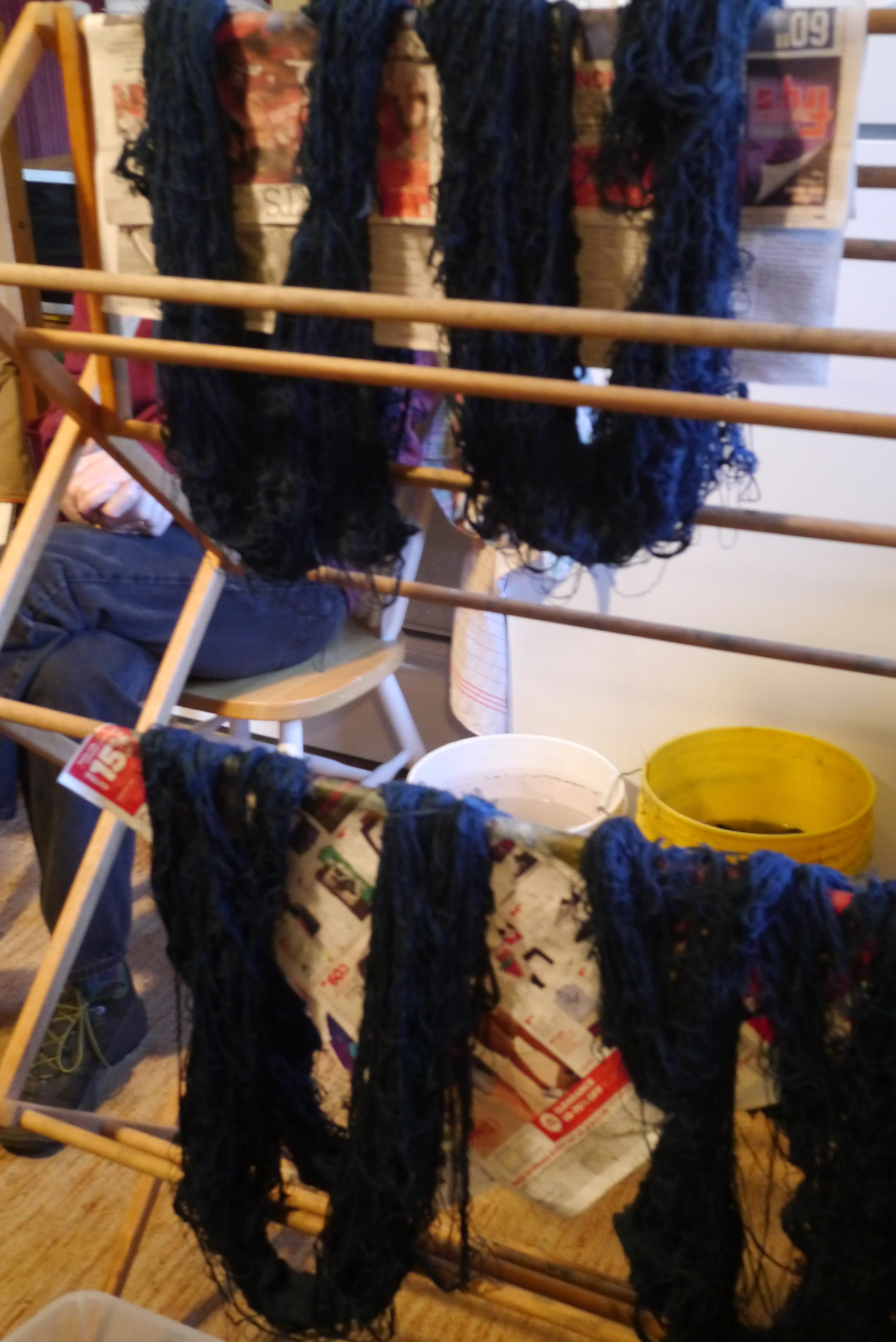 Hanging the yarn up overnight. 