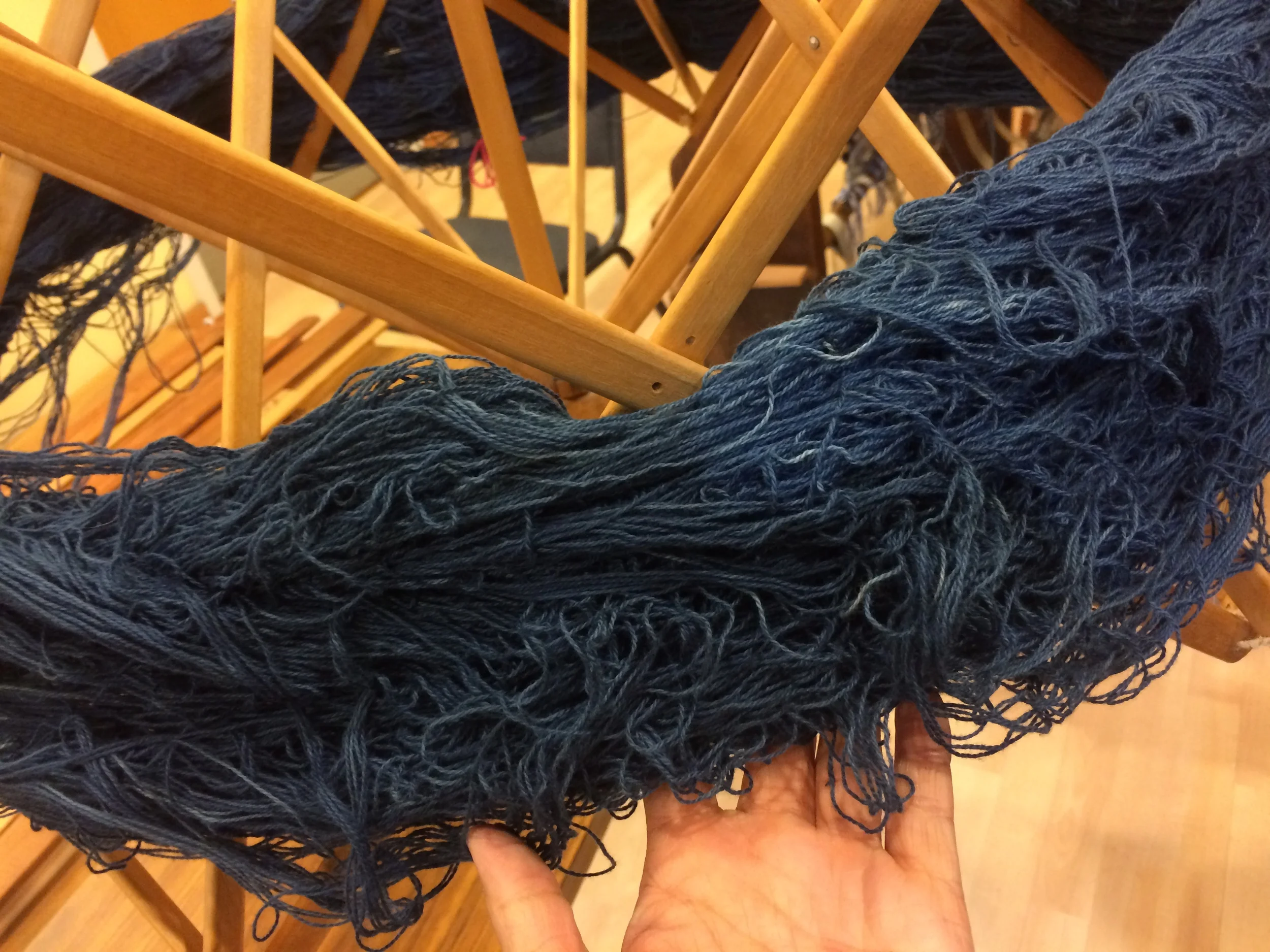 Oops. Our organic indigo yarns have become tangled. 