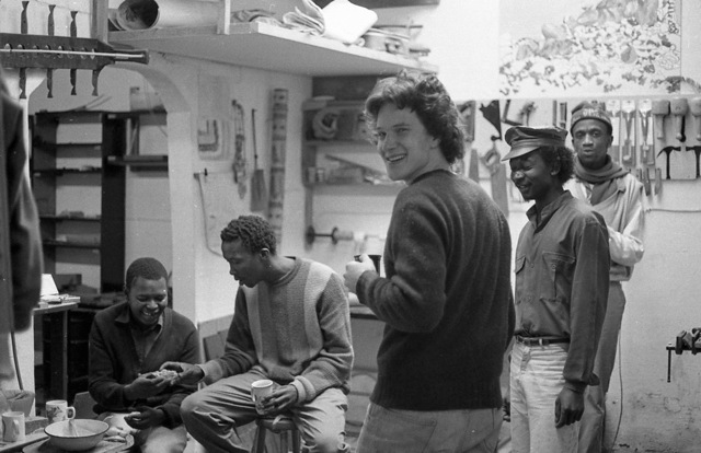 Teatime at the Kwangoma instrument workshop that Phillip initiated in Cape Town (c.1988). Left to right: Ken, Vukhile, Justin, Zolani, Kholeho.