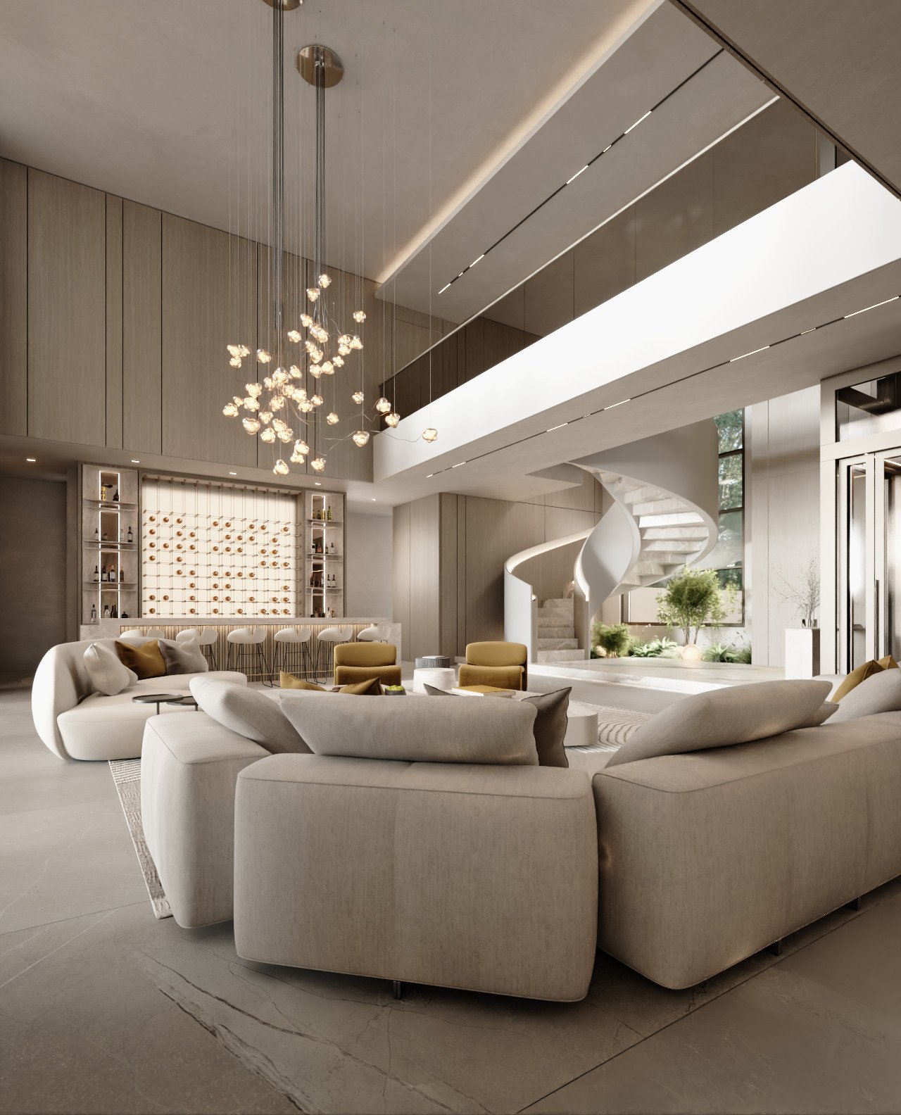 Where architecture becomes emotion. ✨

Every line, curve, and texture in this space was designed to flow naturally &mdash; creating balance between structure and softness.

The double-height ceiling enhances the light, while the spiral staircase beco