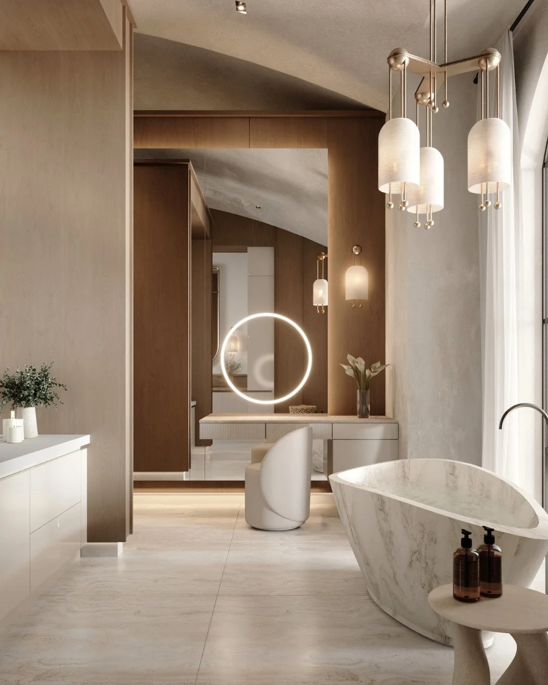 A bathroom can be more than a functional space.
Here, the layout brings together the bath, vanity, natural light, and dedicated makeup area to create a space that feels calm, open, and connected.
Every element has its purpose, but together they creat