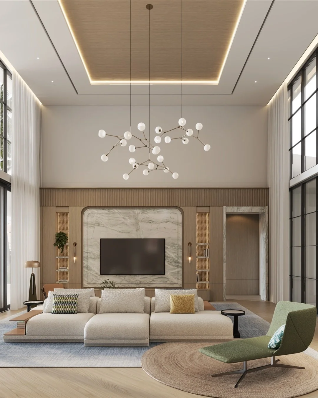 A sofa doesn&rsquo;t have to face just one direction. In this living room concept, seating on both sides creates different places to settle in, with a view toward the TV on one side and the rest of the living area on the other.
#interiordesign #luxur
