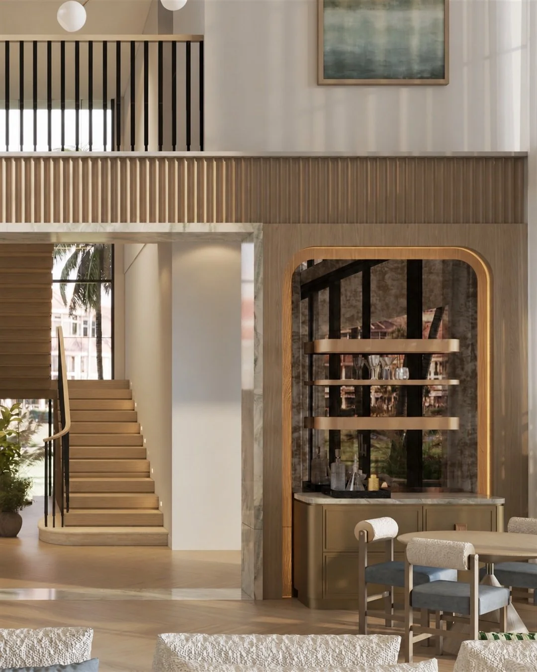A closer look at the bar and staircase in this home concept.

Light wood, warm tones, and a few darker accents bring the two areas together. Each has its own place, while feeling part of the same home.
#interiordesign #luxurydesign #interiordecor