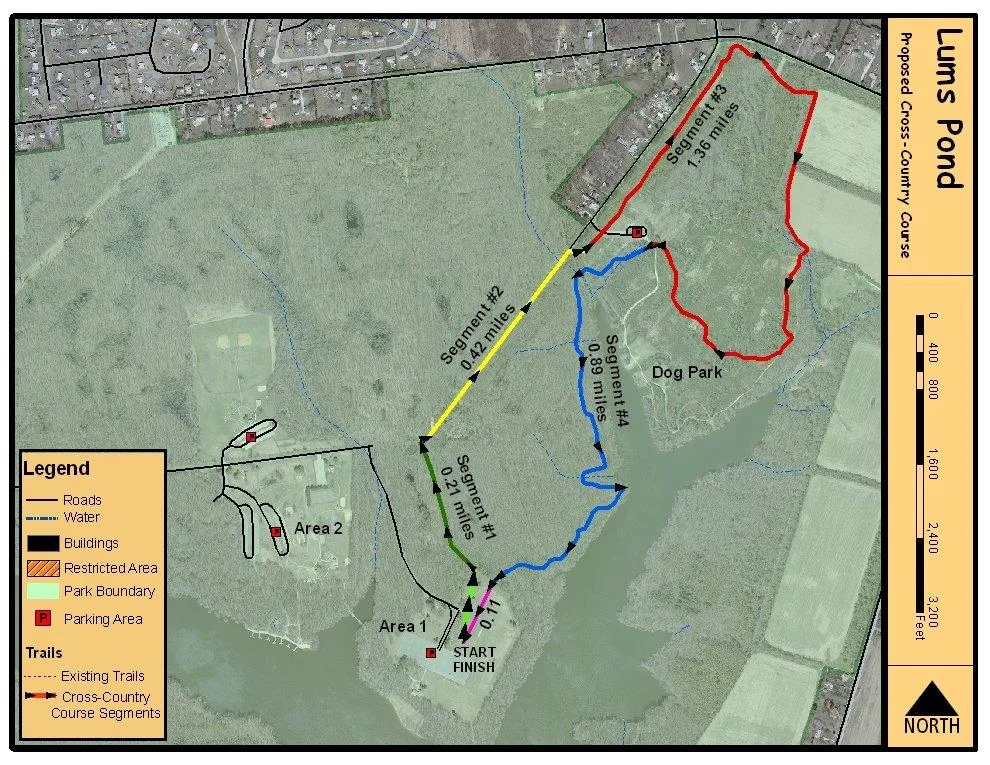 Rough diagram of the Delaware Charity Challenge 5K course that we are using. The yellow part of the trail is a paved access road.