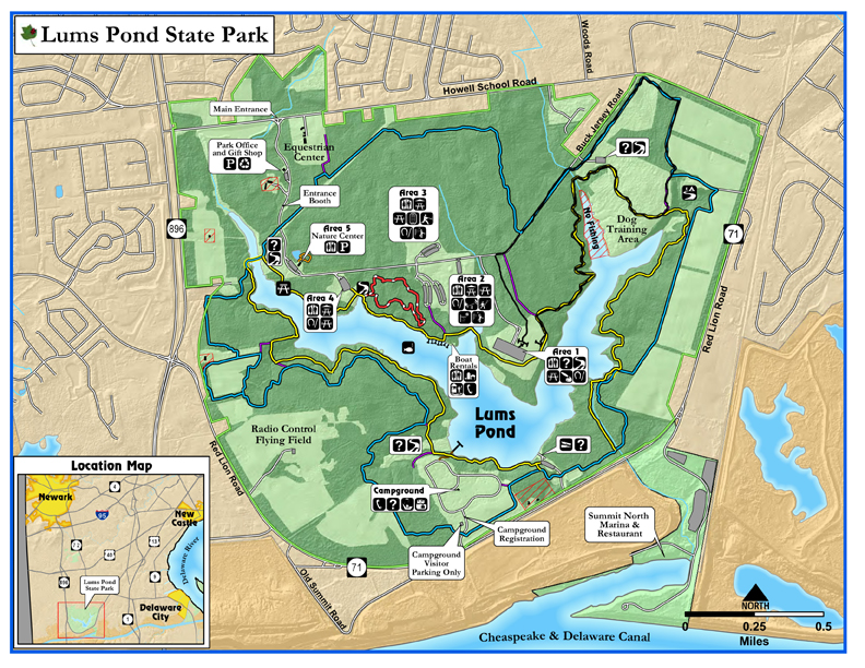 This map shows generally where the course is in relation to the pond and park entrance. We will be in Area 1 and there will be signs coming into the park directing you down there. The main entrance that runners/volunteers/walkers/adventure racers/etc. is off of 896 at 1042 Howell School Rd, Bear, DE 19701.