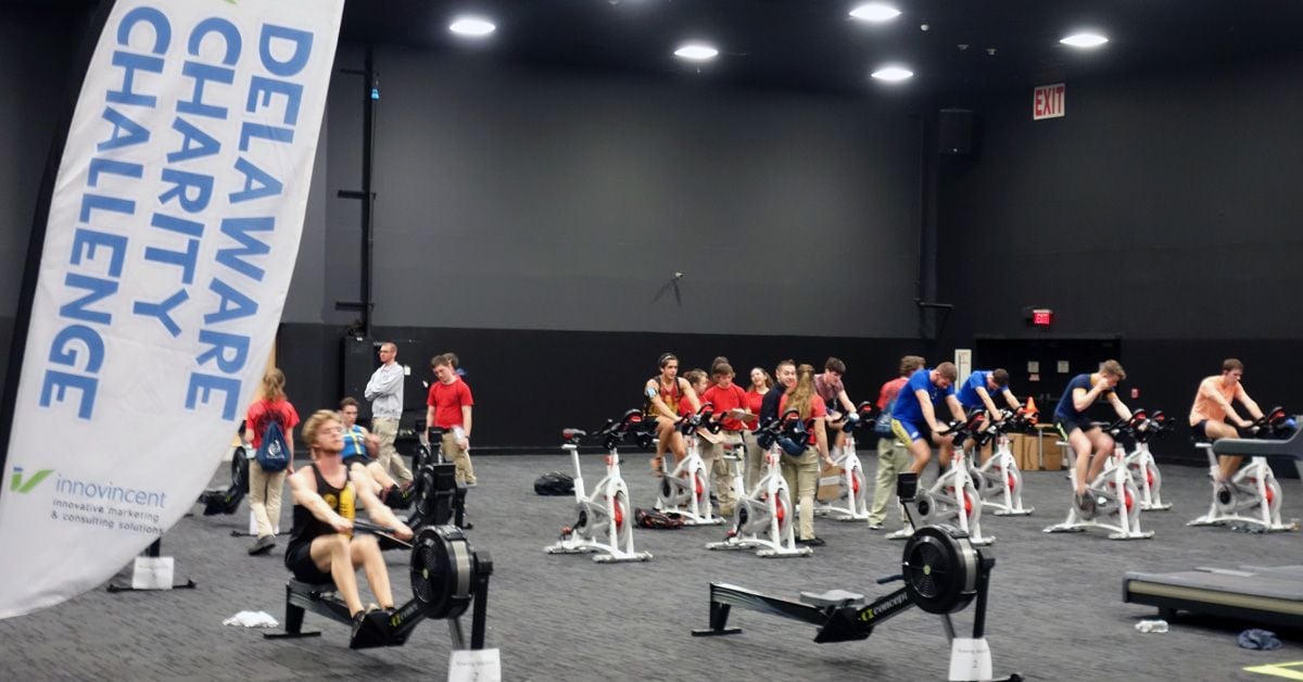 Teams and individuals competed in the Delaware Charity Challenge Winter Indoor Triathlon, which consisted of a 15 minute race on a treadmill, a 15 minute bike race on a spin bike, and a 15 minute row/erg on a rowing machine.