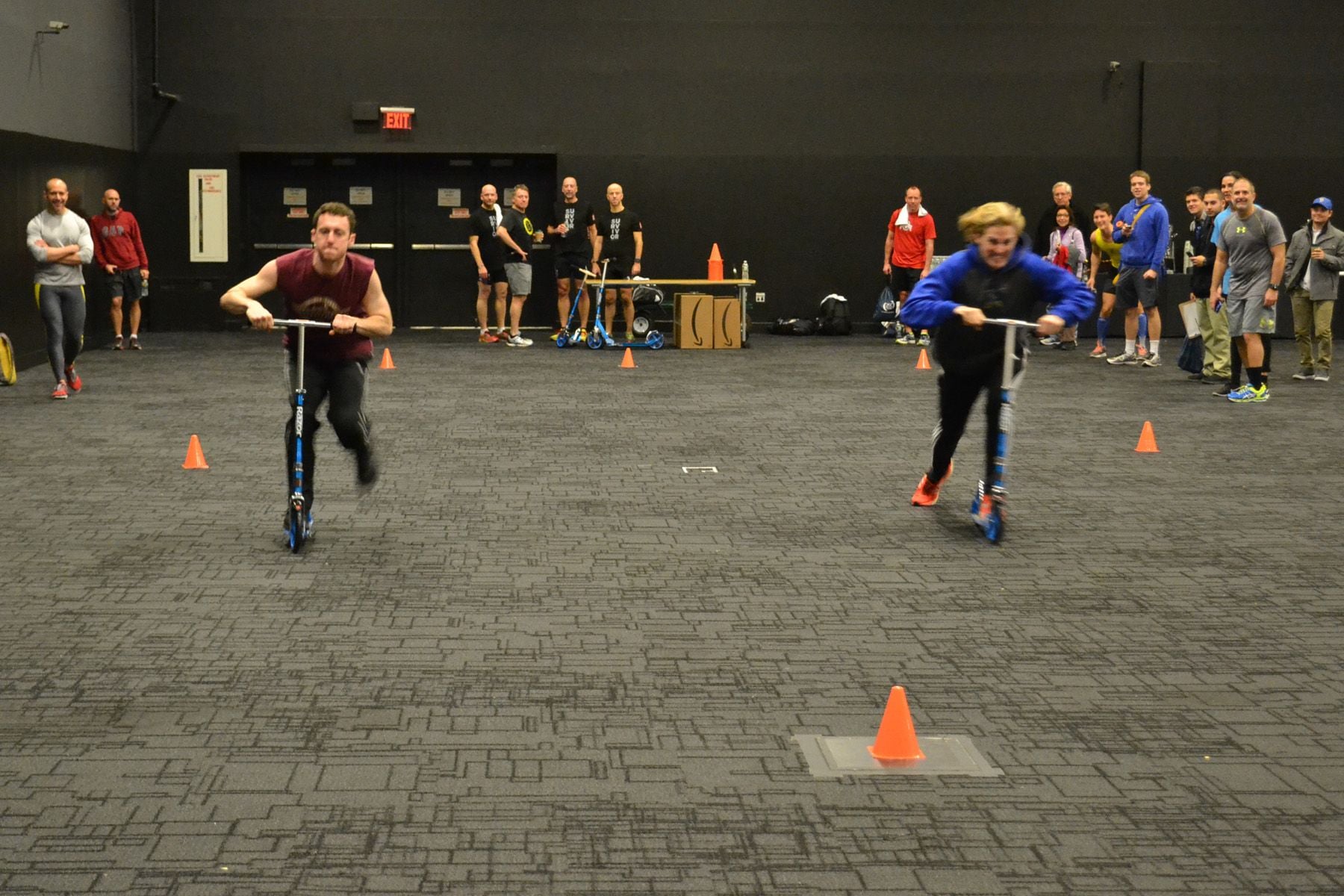Championship heat of the scooter race at the Delaware Charity Challenge Indoor Triathlon.