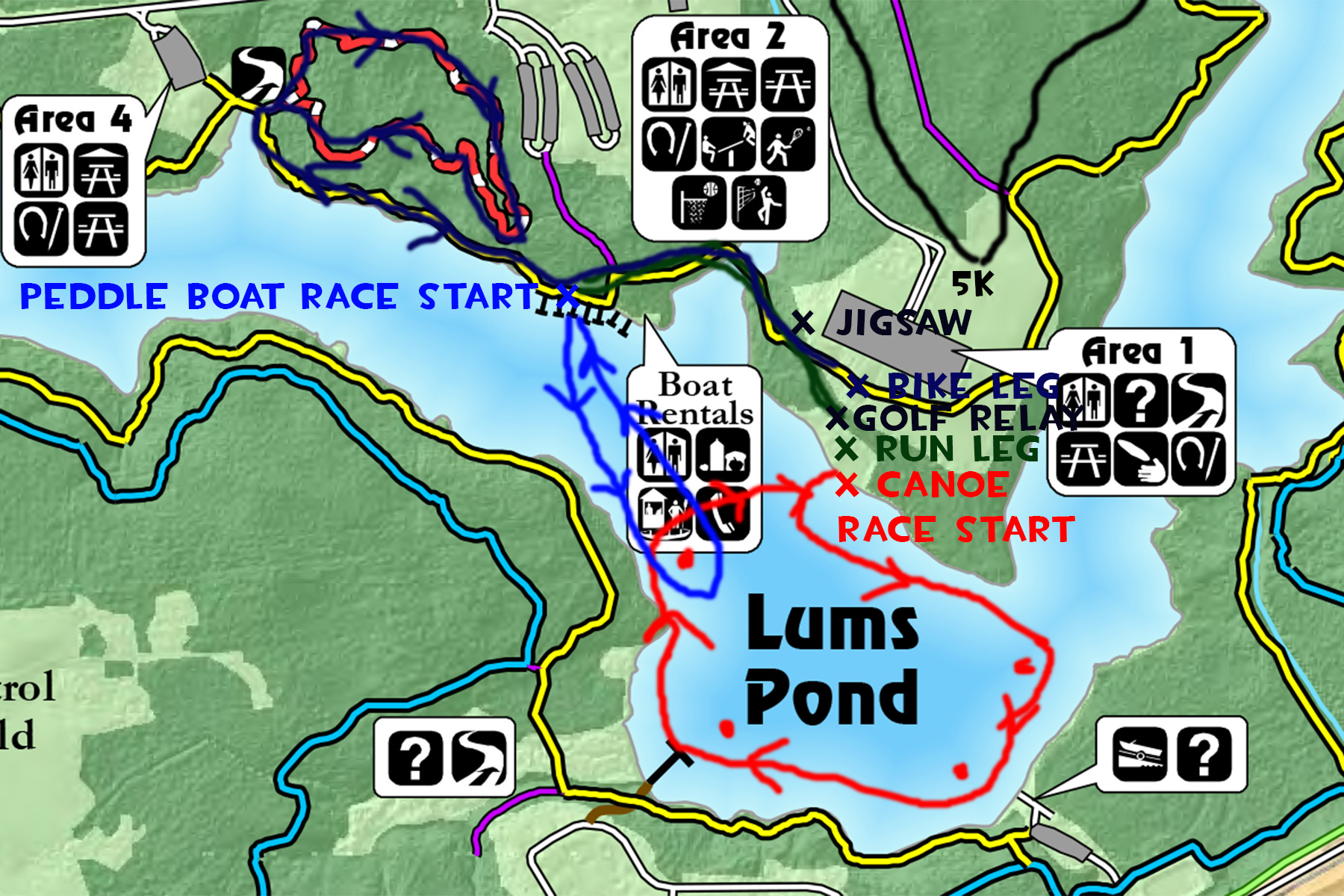 Rough map of where the Adventure Challenge Relay competition events will take place.