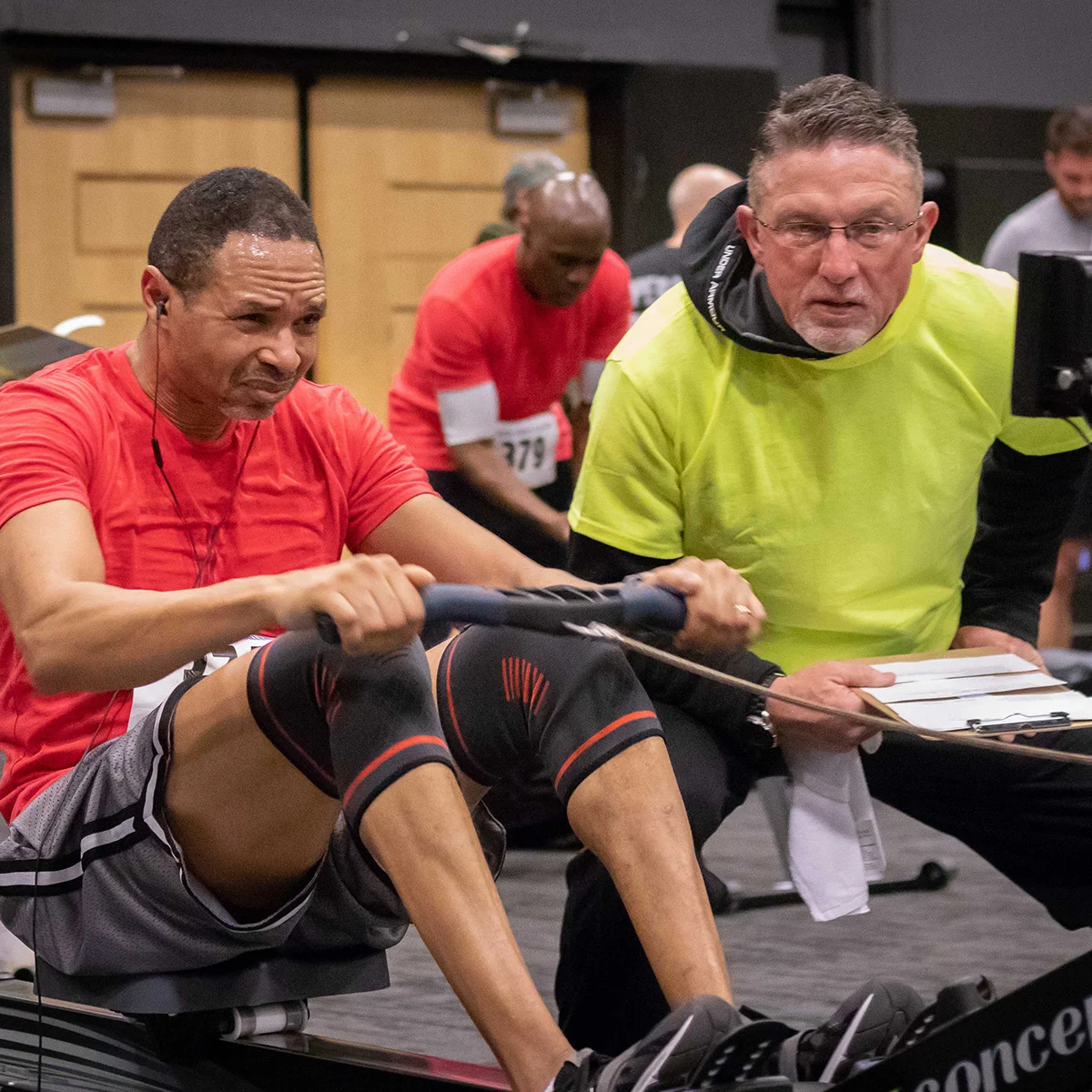 Kirkwood Fitness team captain Marcel Jackson competes in the rowing leg at the 2019 Delaware Charity Challenge winter indoor triathlon. Photo credit Four Youth Productions .