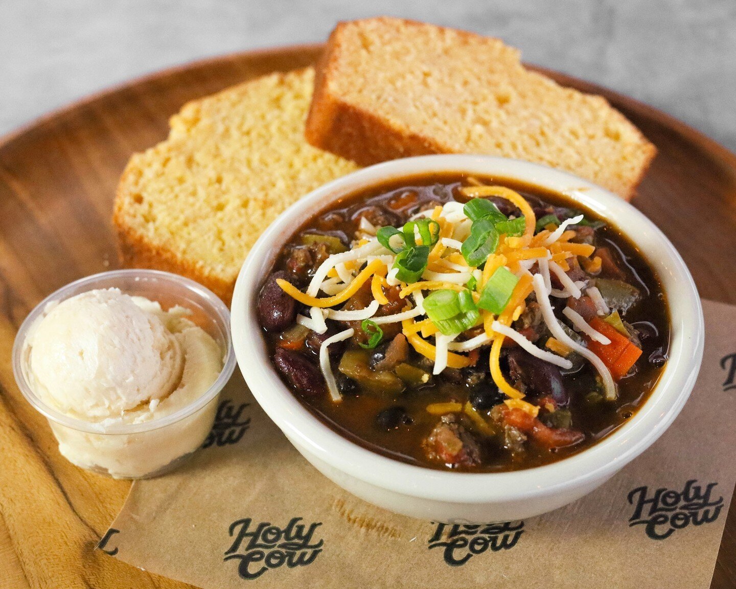 Our chili is made fresh daily with brisket and tri-tip trimmings. Pair it with our scratch made cornbread and a little whipped honey butter for the perfect bite 🤤