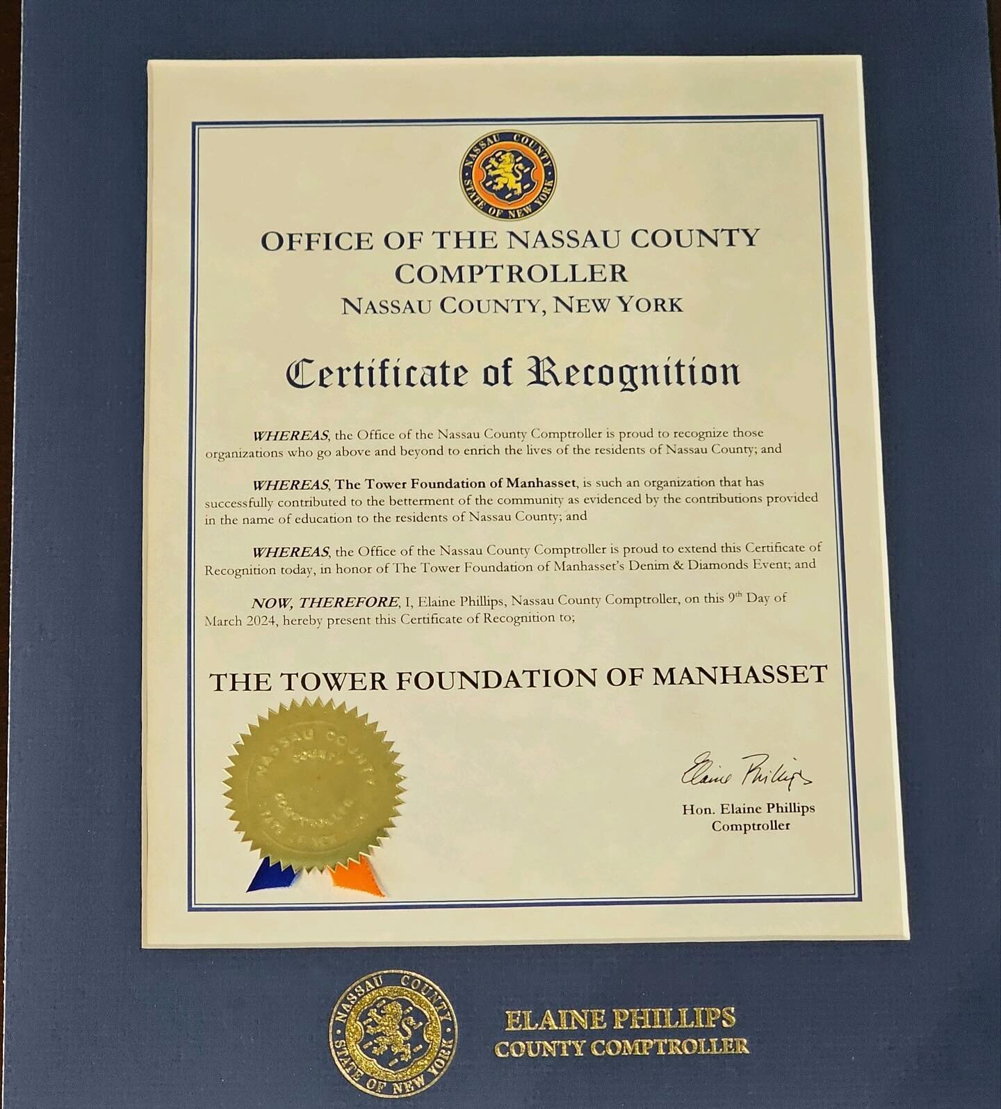 Thank you Comptroller Elaine Phillips for presenting The Tower Foundation of Manhasset this Certificate of Recognition at our Dinner Dance Fundraiser.  @comptrollerelainephillips 

#towerfoundationofmanhasset #towerfoundationmanhasset #towerfoundatio