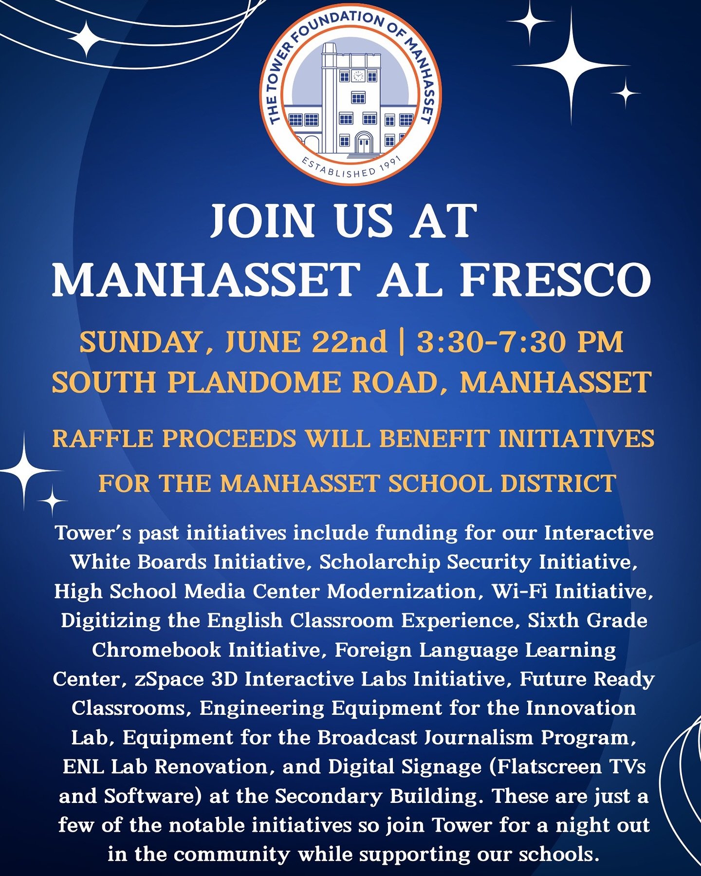 The Tower Foundation will be at Sundays Manhasset Al Fresco with @shopmanhasset and @manhassetchamber ☀️ 🎟️ Raffle table proceeds will benefit initiatives for the Manhasset School District - stop by for live music, dining Al fresco and some family f