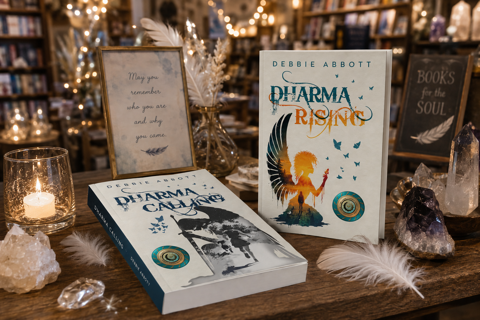 Two books on a bookstore table surrounded by feathers, crystals, and candles.