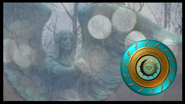 Angel statue with sword. Novella seal, turquoise in right lower corner.