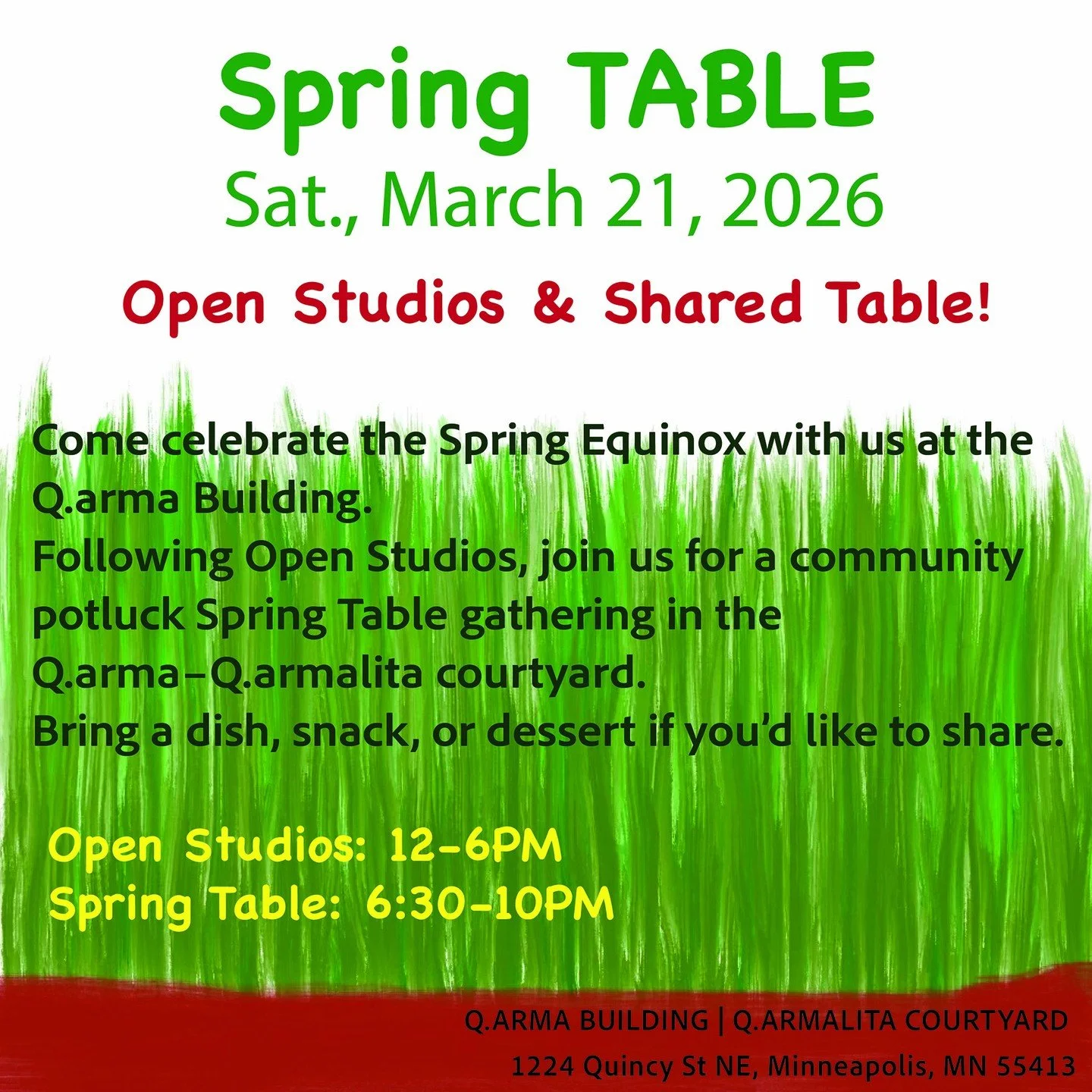 Spring Table 🌱
Celebrate the Spring Equinox with us at the Q.arma Building.

After Open Studios, gather around the Spring Table for a community potluck in the Q.arma&ndash;Q.armalita courtyard. Bring a dish, snack, or dessert to share &mdash; or sim