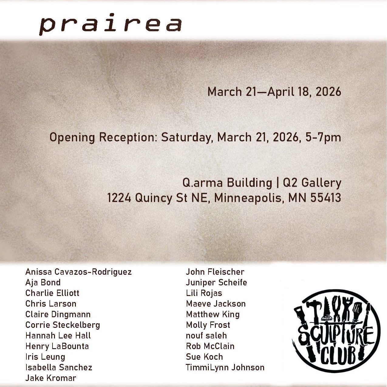 This saturday, March 21st at Q.arma building 🌿
a full day of art, connection, and community&mdash;featuring a collaboration with UMN Sculpture Club ✨

🖼 open studios (12&ndash;6pm)
🎨 Prairia opening reception (5&ndash;7pm)
🍲 spring potluck (6:30&