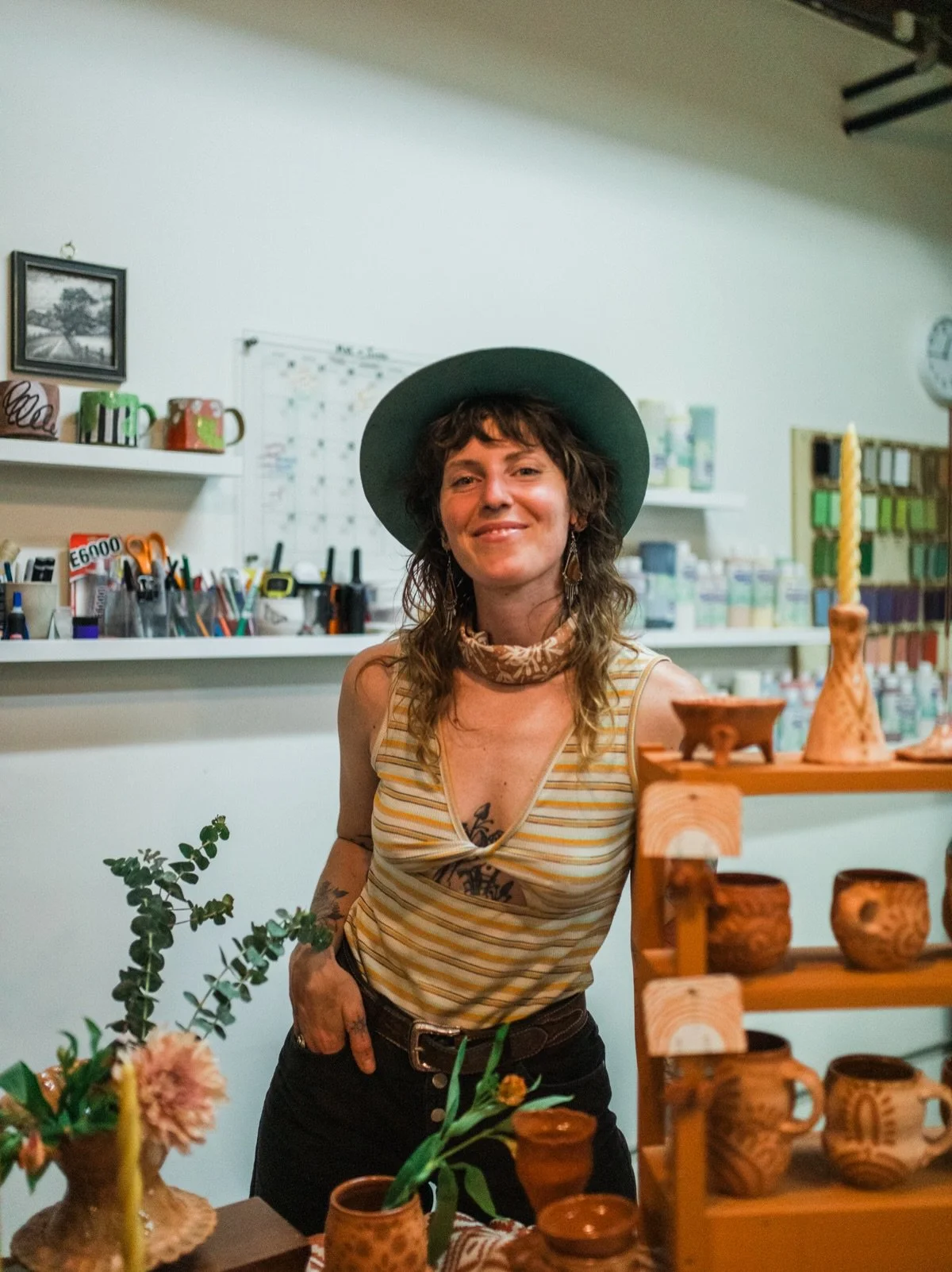 Visit Katie Jae (@k_t___j) in the basement level for earthy, food-safe ceramics ranging from everyday cups and bowls to sculptural candle holders, incense pieces, and vases. Her intuitive carved patterns, repeated lines, and dotted details bring a so
