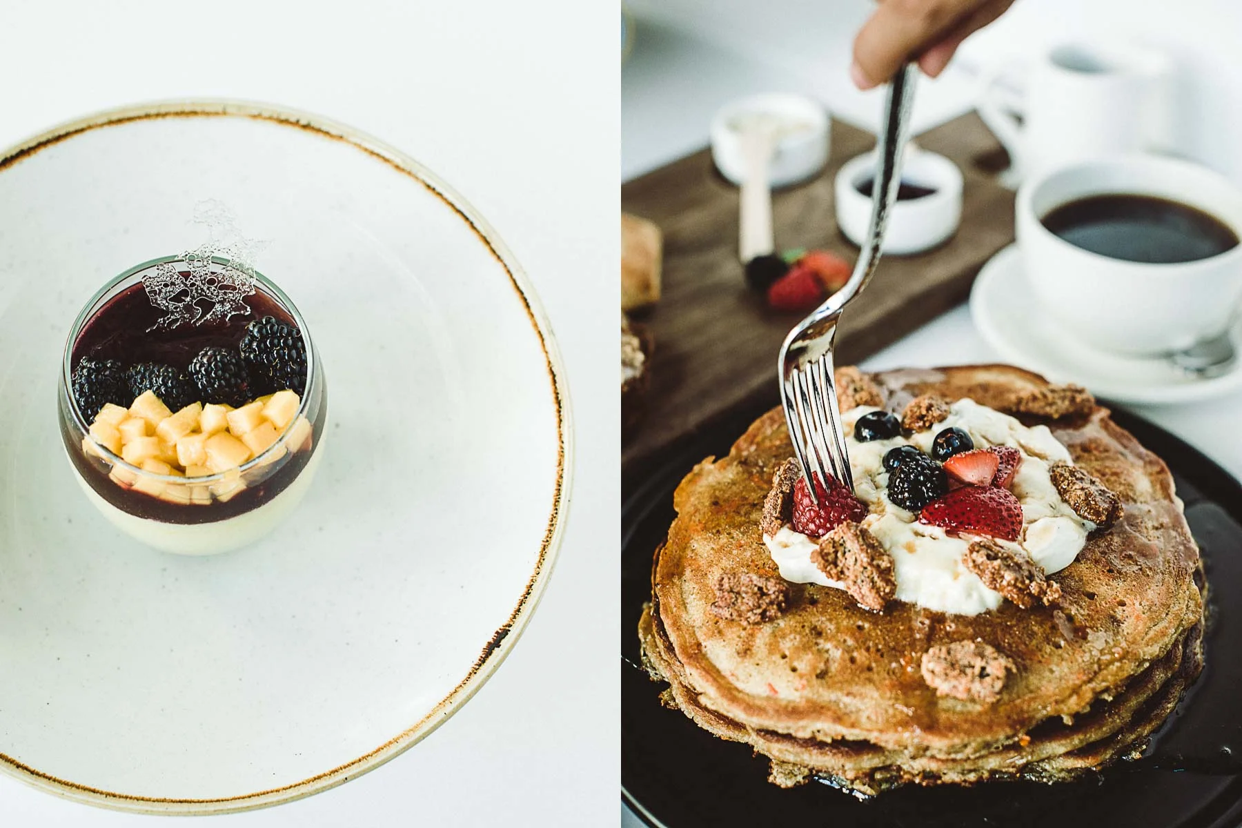 One of Hobnob's new desserts: coconut panna cotta with Guava gelée, meringue, and toasted coconut and those famous carrot cake pancakes.