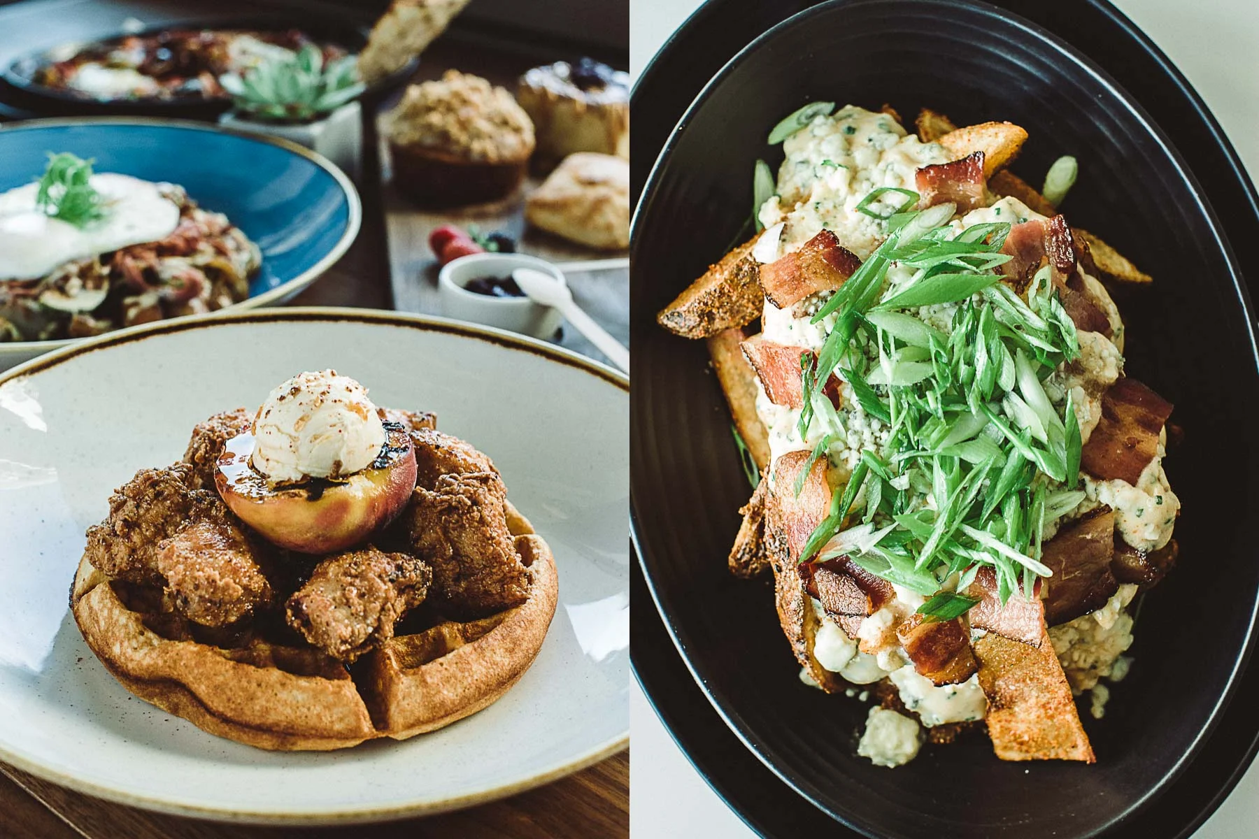 Chef Roger's take on chicken and waffles and a glorious combination of seasoned potato wedges, bacon jam, blue cheese sauce, and bacon pieces, topped with chives.