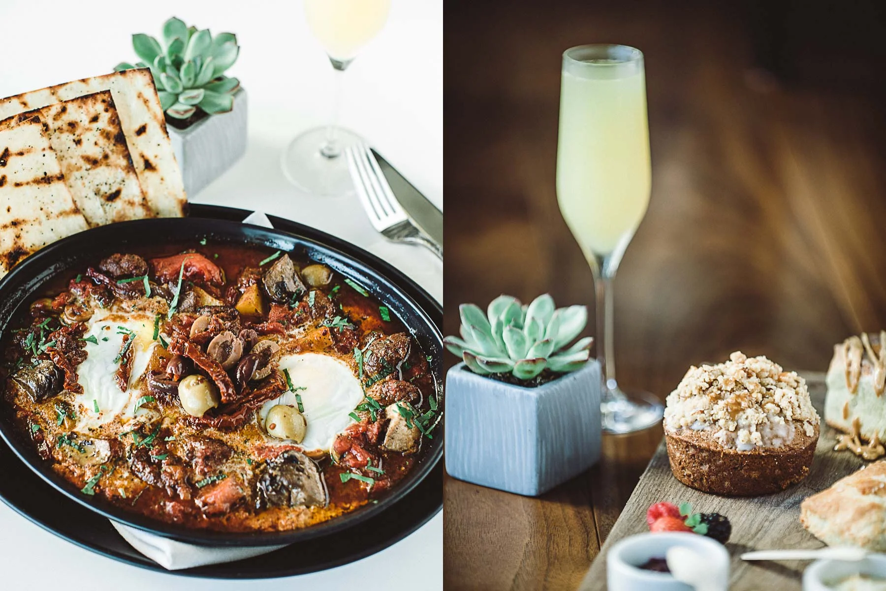 Breakfast hash and mimosas with bread board in Jacksonville, Florida.