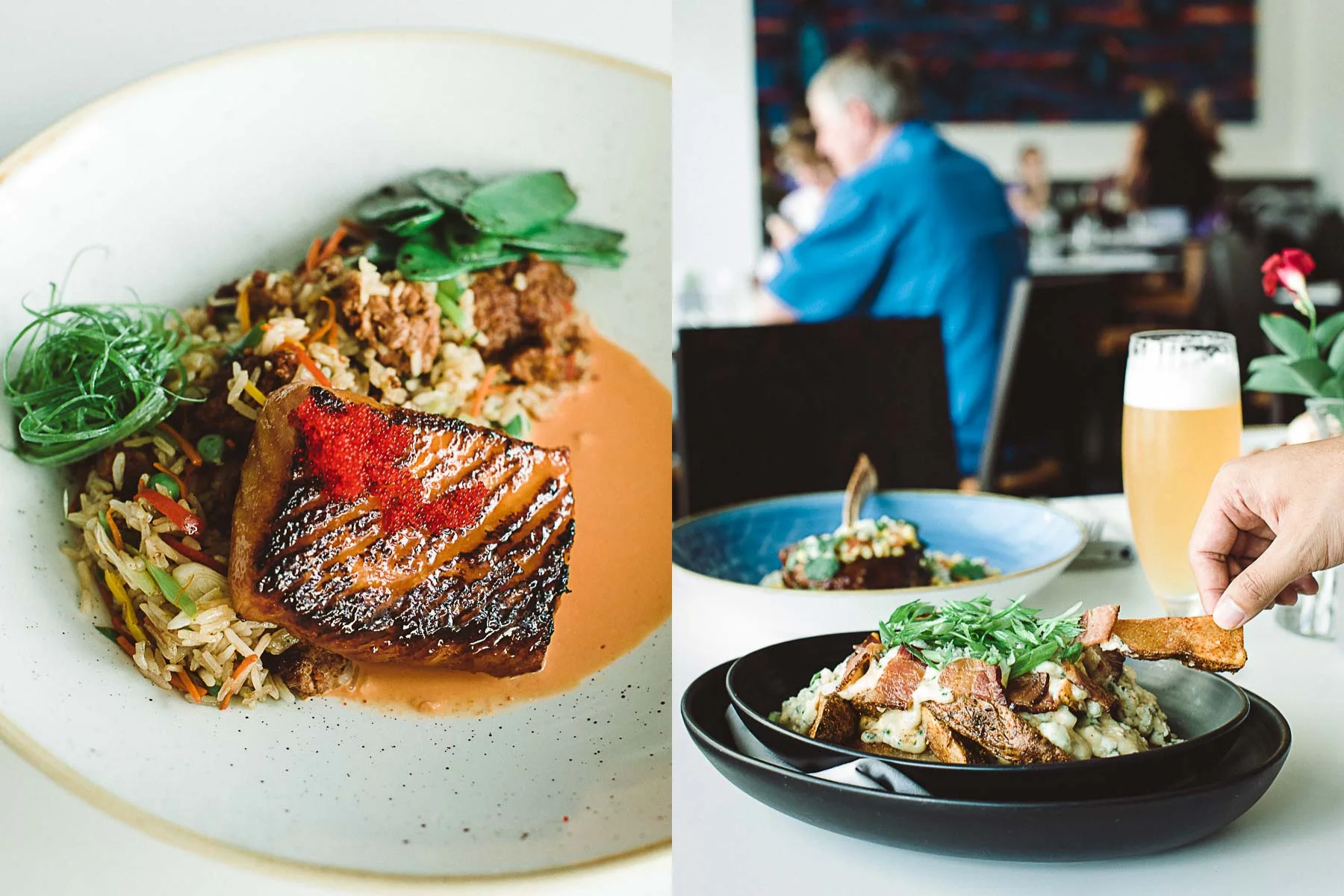 Salmon dinner entree and brunch menu items with beer.