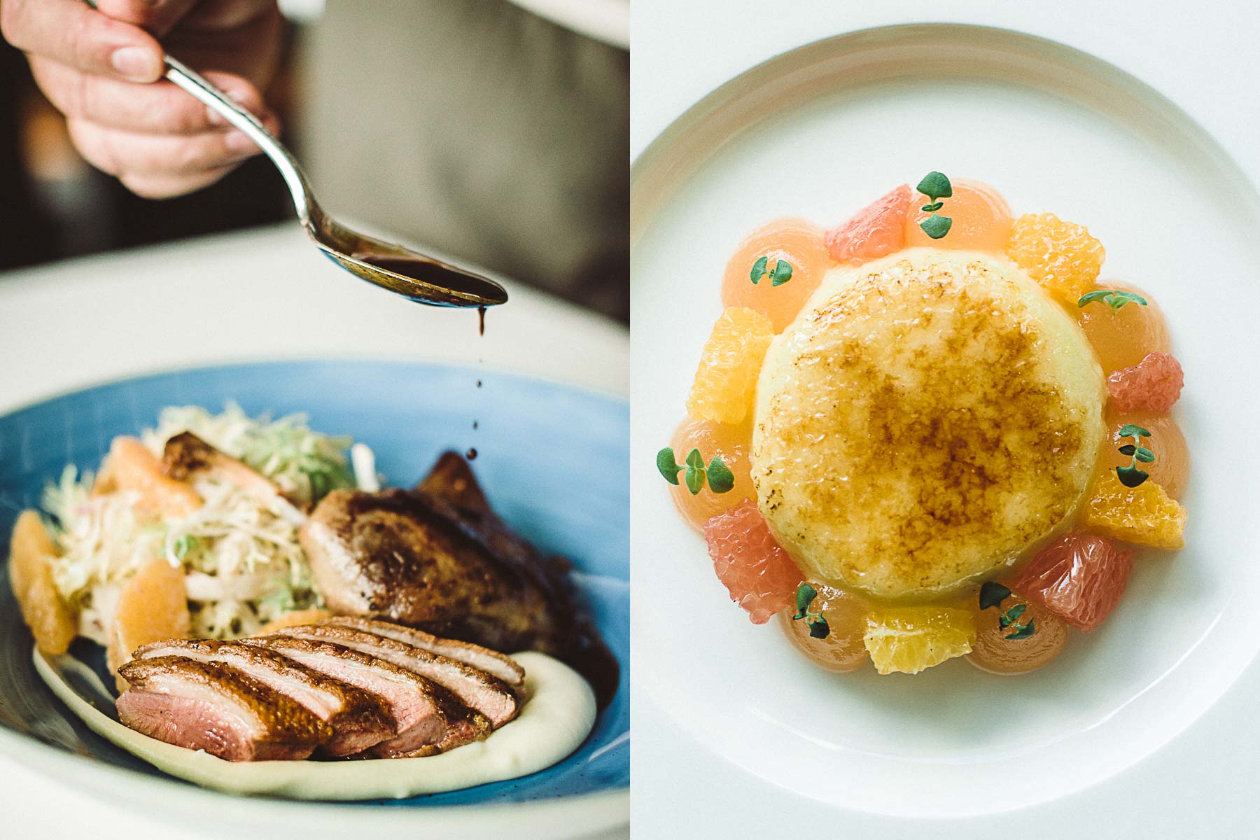 Chef drizzling sauce on duck entree and coconut panna cotta in Jacksonville, Florida.