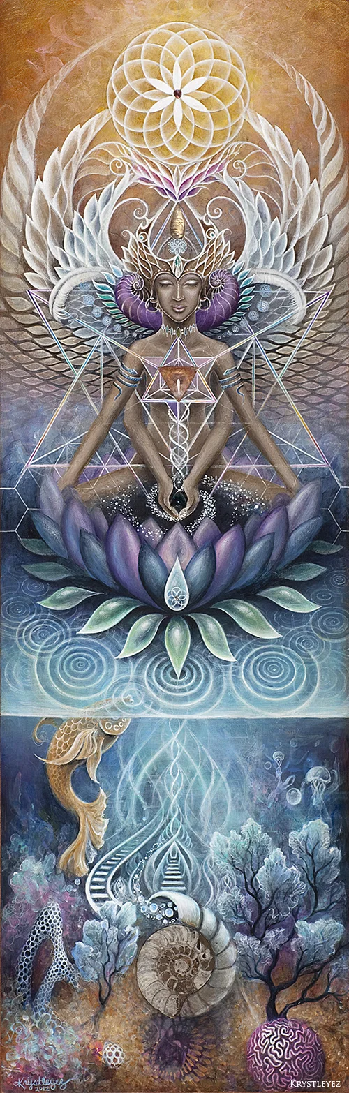 "FlorEssence" acrylic on wood panel inlaid with ammonite, blue topaz, rose quartz, rutilated quartz, amethyst 2012