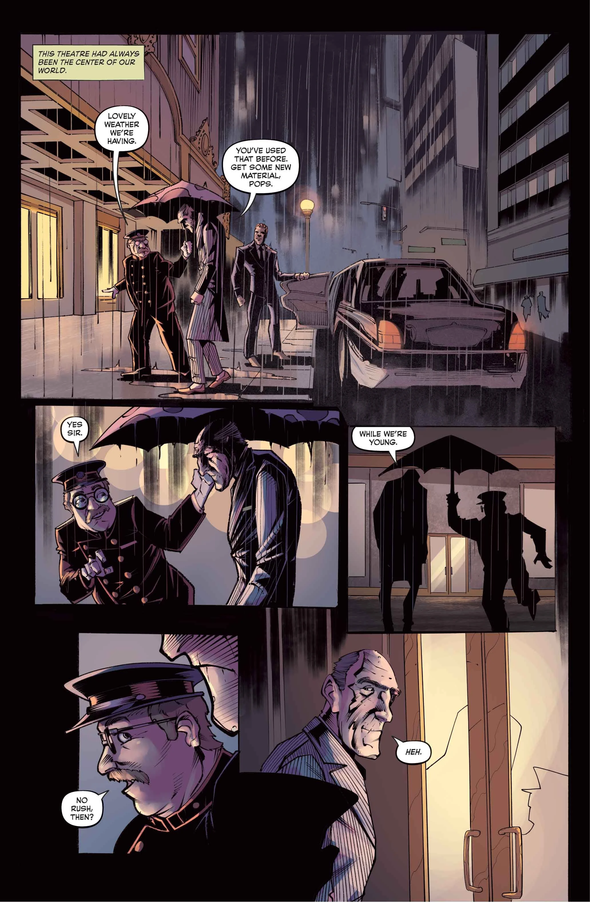 A comic book page featuring an elderly man being walked into a theater.