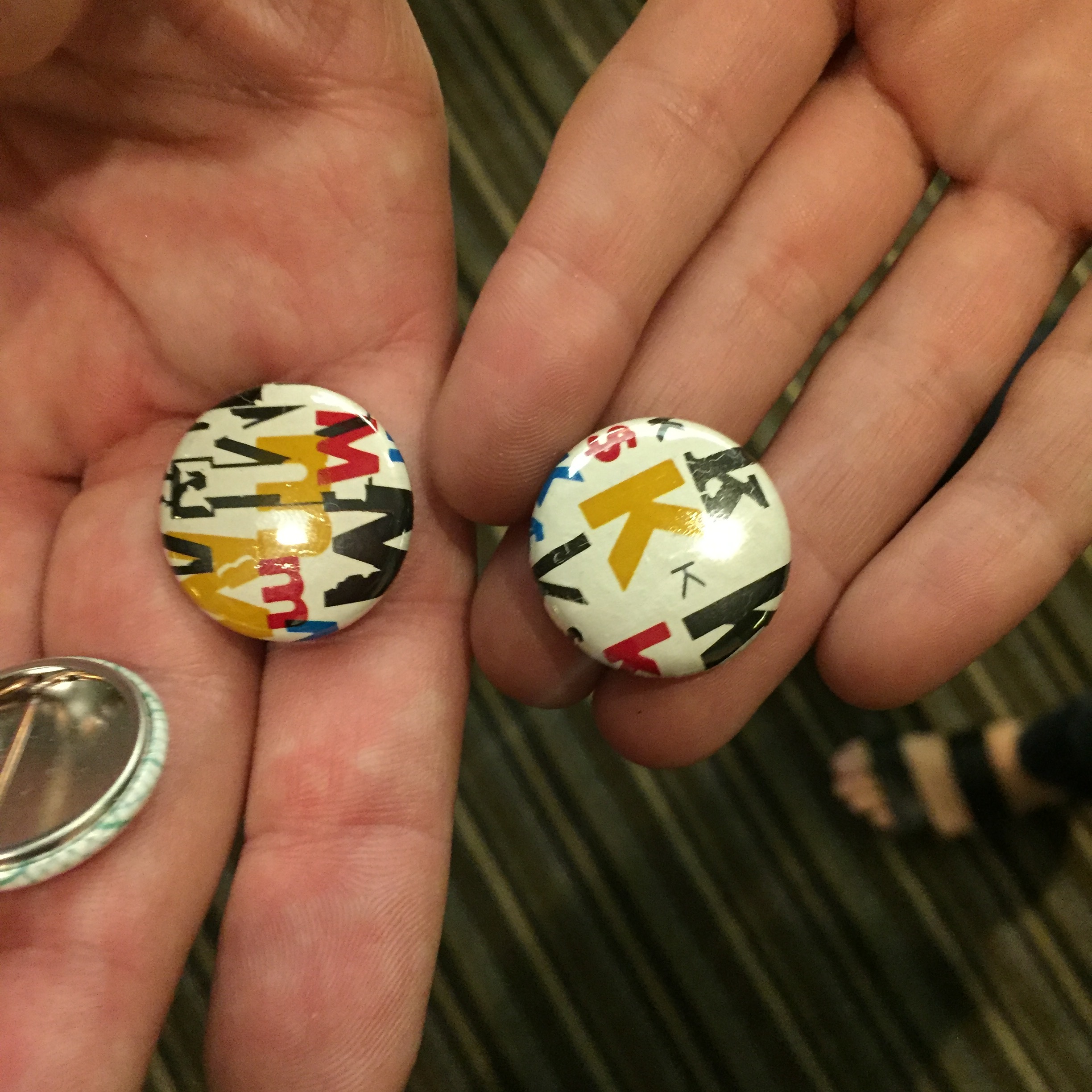 Some great buttons made with dry transfer lettering that was originally intended for use on transparencies for an overhead projector!