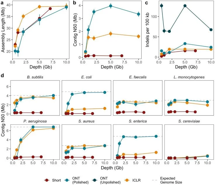 Multi-panel scientific figure showing genome assembly metrics across different sequencing depths and methods