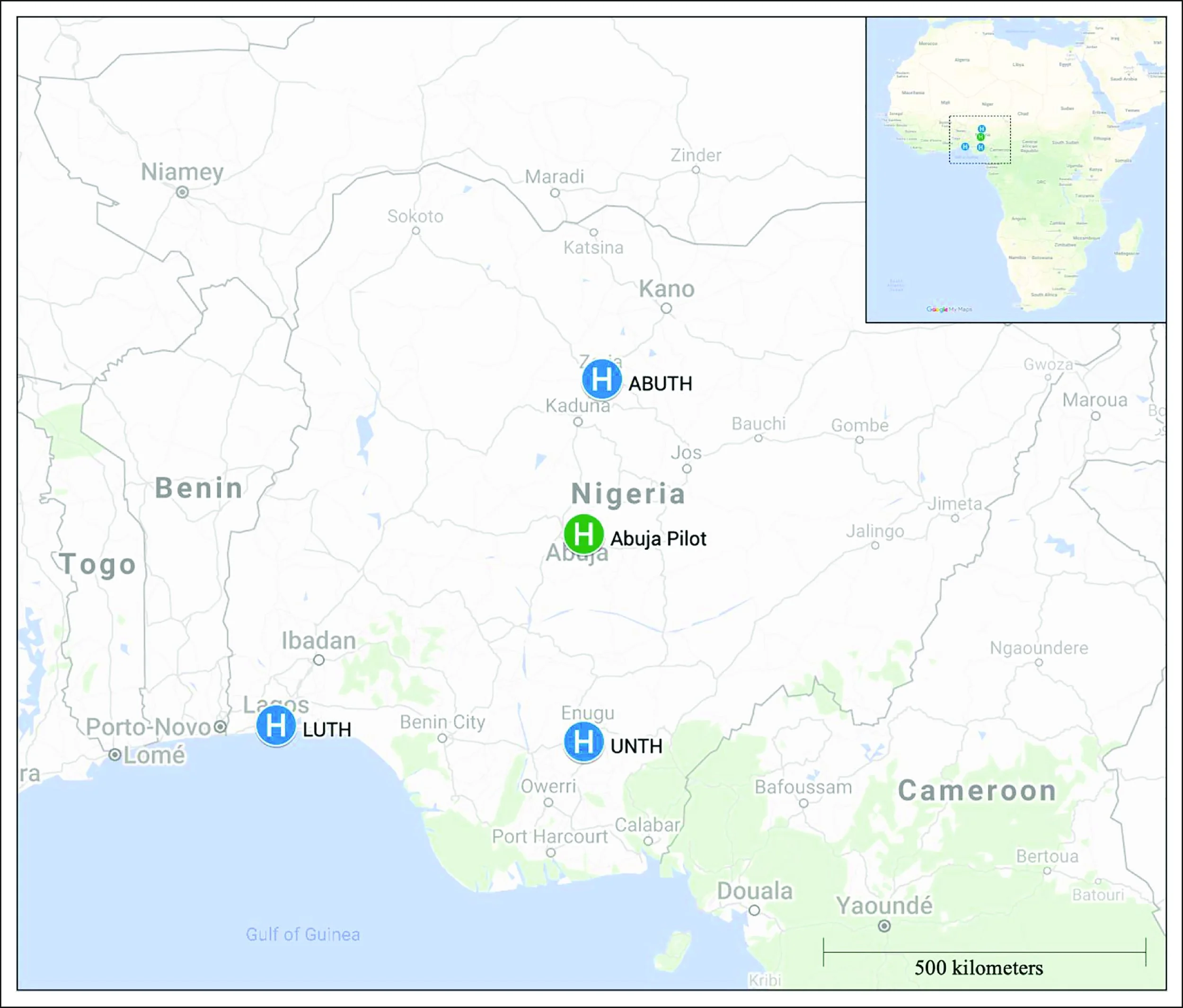 Map of Nigeria and neighboring West African countries showing the locations of several health facilities or hospitals marked with blue symbols.