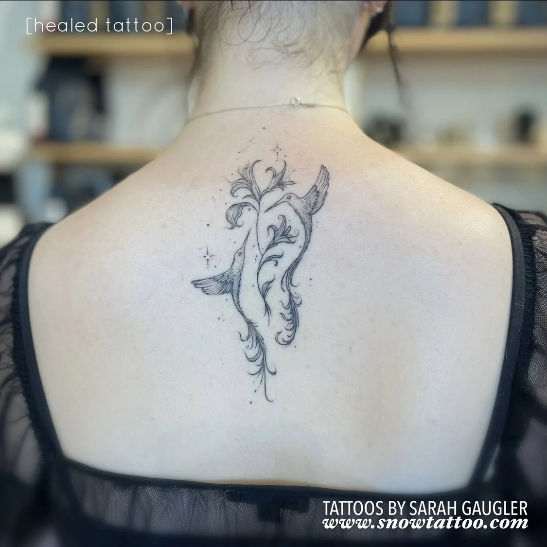 Healed Custom Design Humming Birds Fine Line Tattoo Healed
