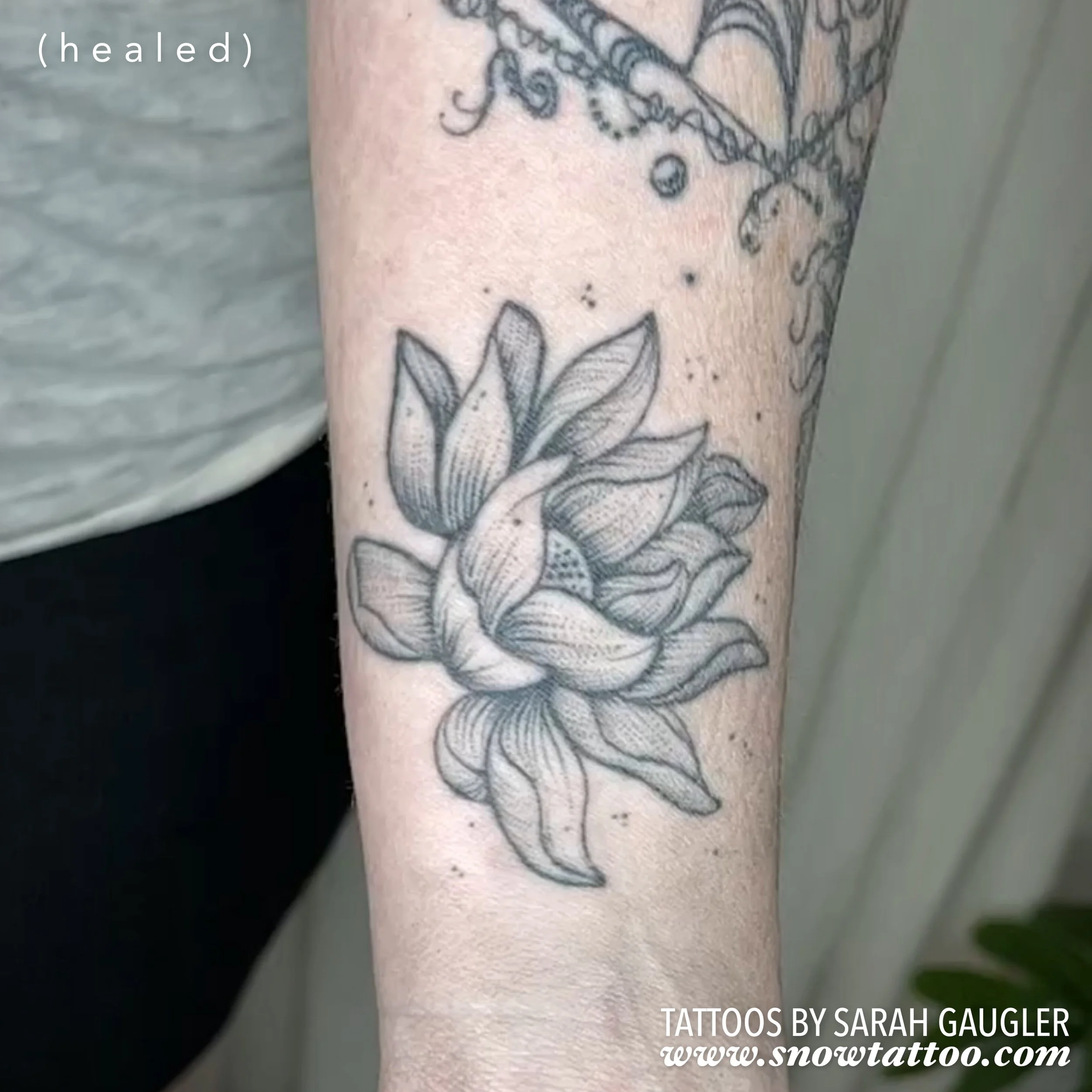 Healed Custom Design Lotus Fine Line Tattoo Healed after 7 Years 