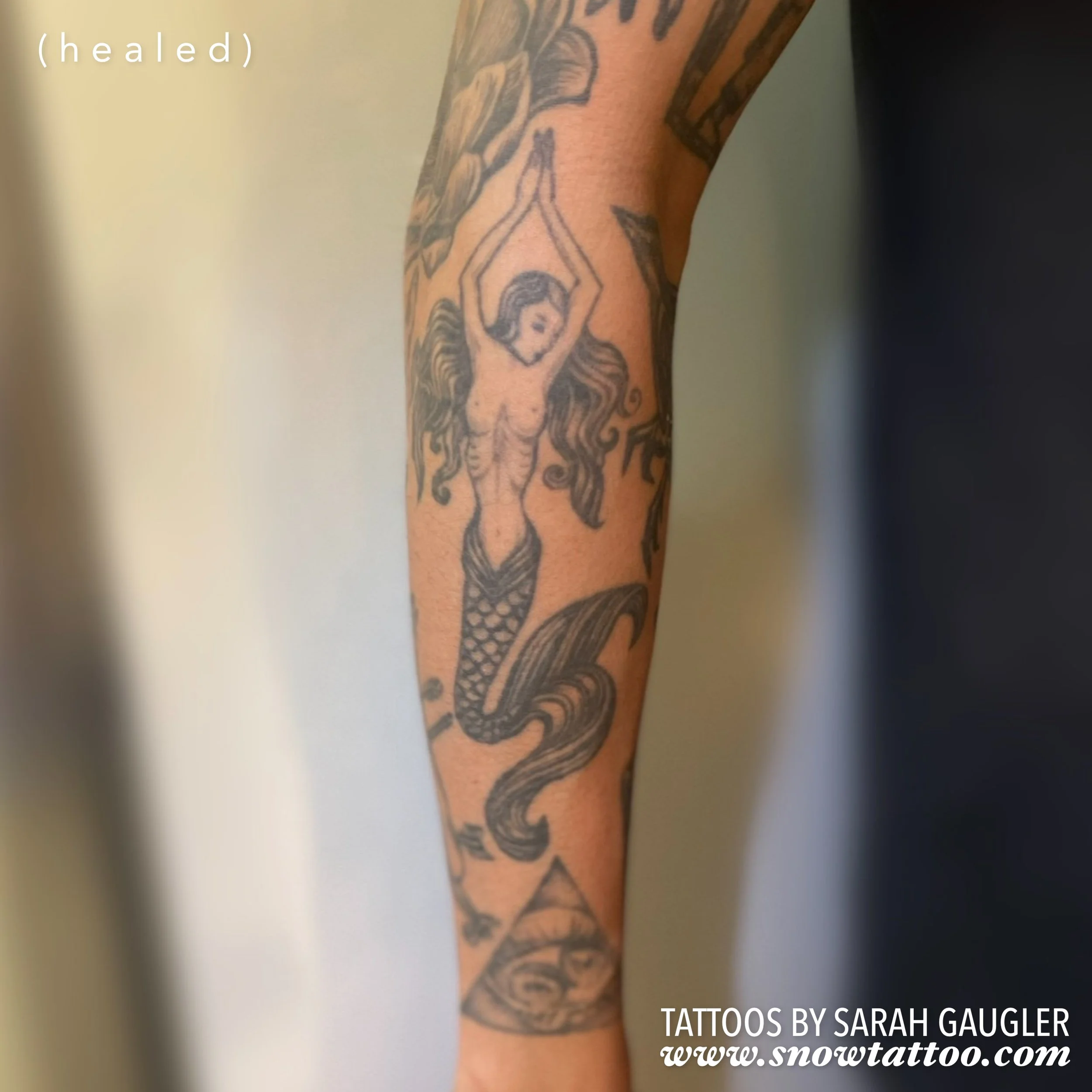 Healed Custom Design Signature Mermaid Fine Line Tattoo Healed after 15 Years