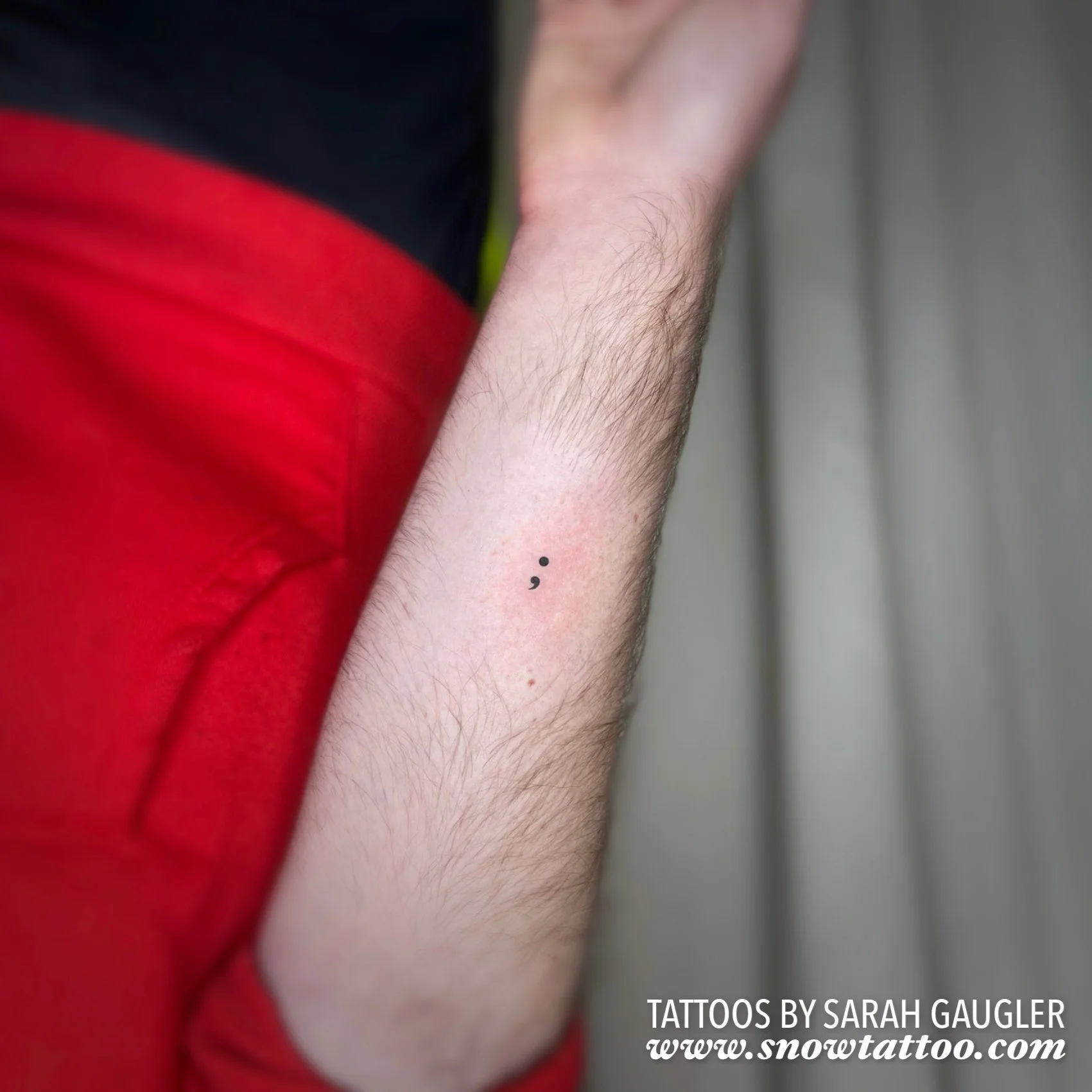 Dainty, Elegant, Mini Semicolon Tattoo by Sarah Gaugler at Snow Tattoo, Tribeca, New York